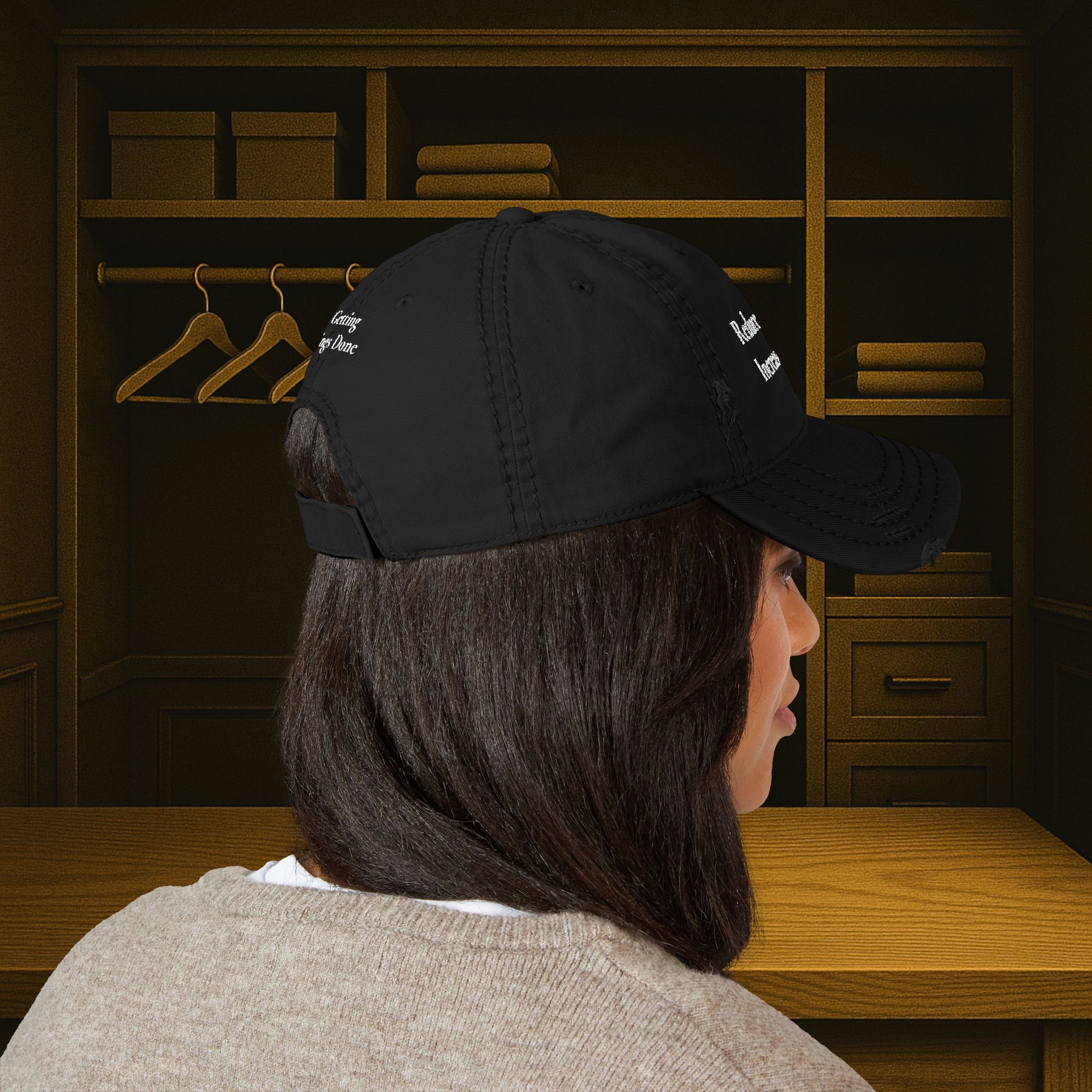 Reduce Options Increase Action embroidered distressed dad hat — low-profile unstructured cotton cap with adjustable hook-and-loop closure