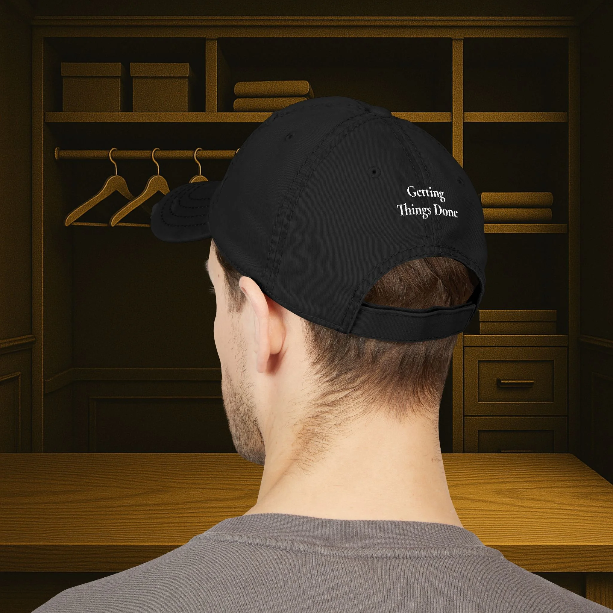 Reduce Options Increase Action embroidered distressed dad hat — low-profile unstructured cotton cap with adjustable hook-and-loop closure