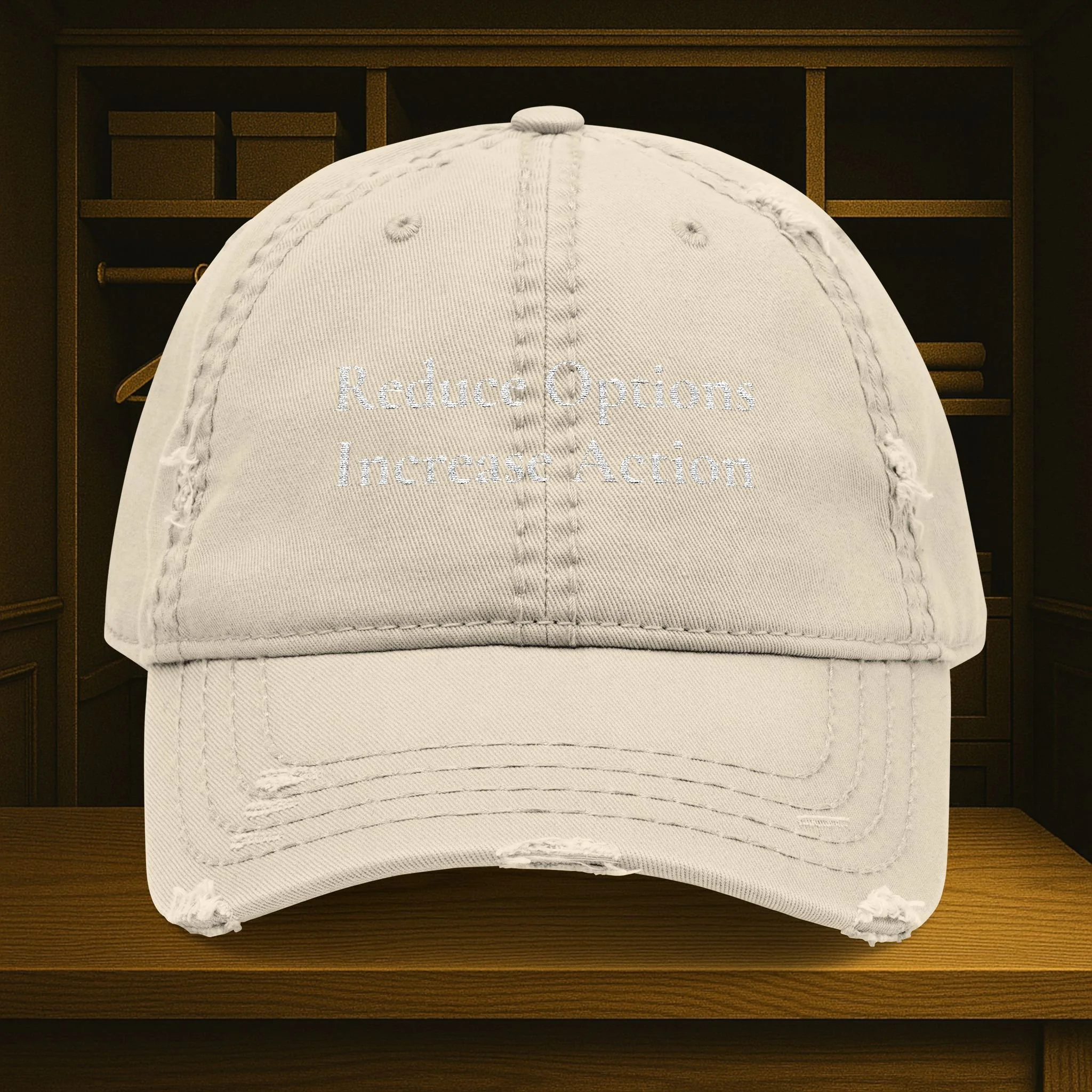 Reduce Options Increase Action embroidered distressed dad hat — low-profile unstructured cotton cap with adjustable hook-and-loop closure