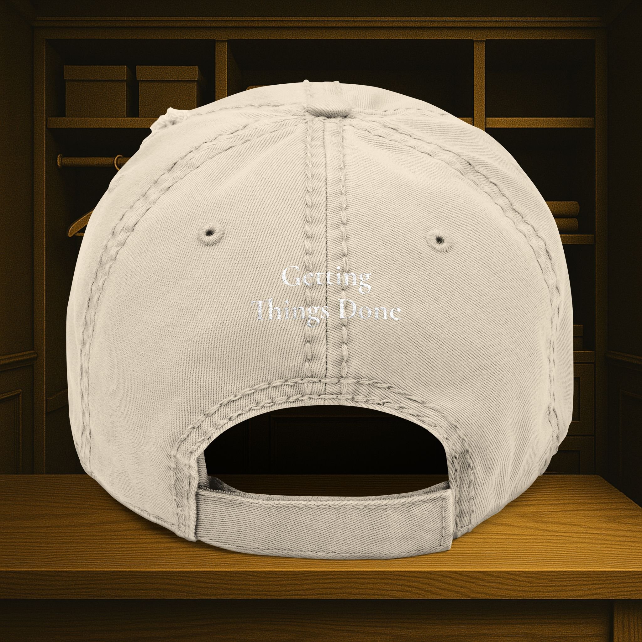 Reduce Options Increase Action embroidered distressed dad hat — low-profile unstructured cotton cap with adjustable hook-and-loop closure