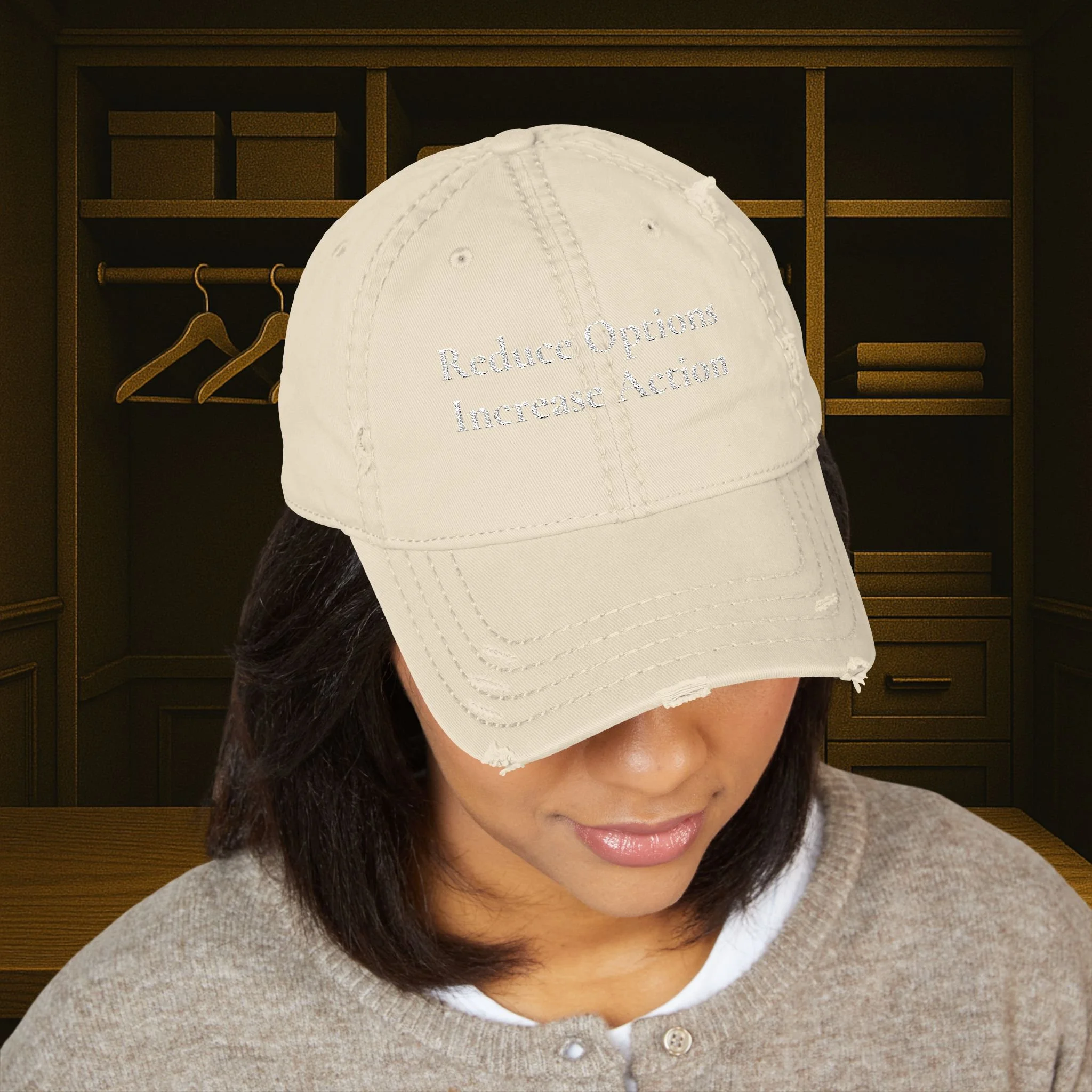 Reduce Options Increase Action embroidered distressed dad hat — low-profile unstructured cotton cap with adjustable hook-and-loop closure