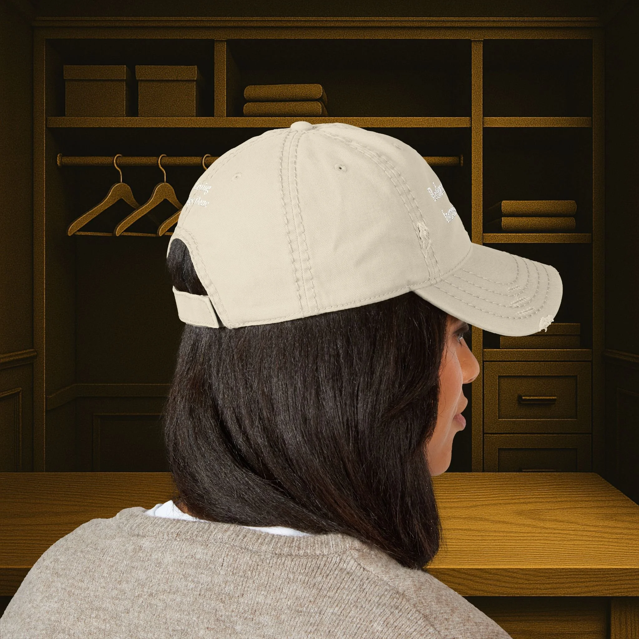 Reduce Options Increase Action embroidered distressed dad hat — low-profile unstructured cotton cap with adjustable hook-and-loop closure