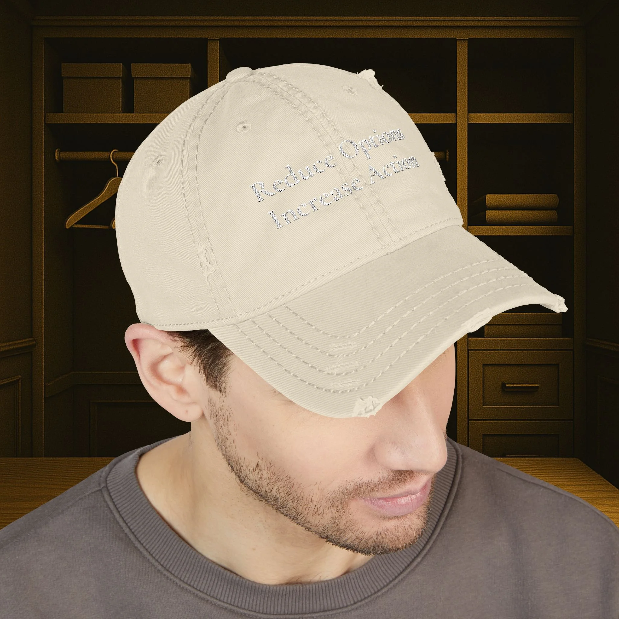 Reduce Options Increase Action embroidered distressed dad hat — low-profile unstructured cotton cap with adjustable hook-and-loop closure