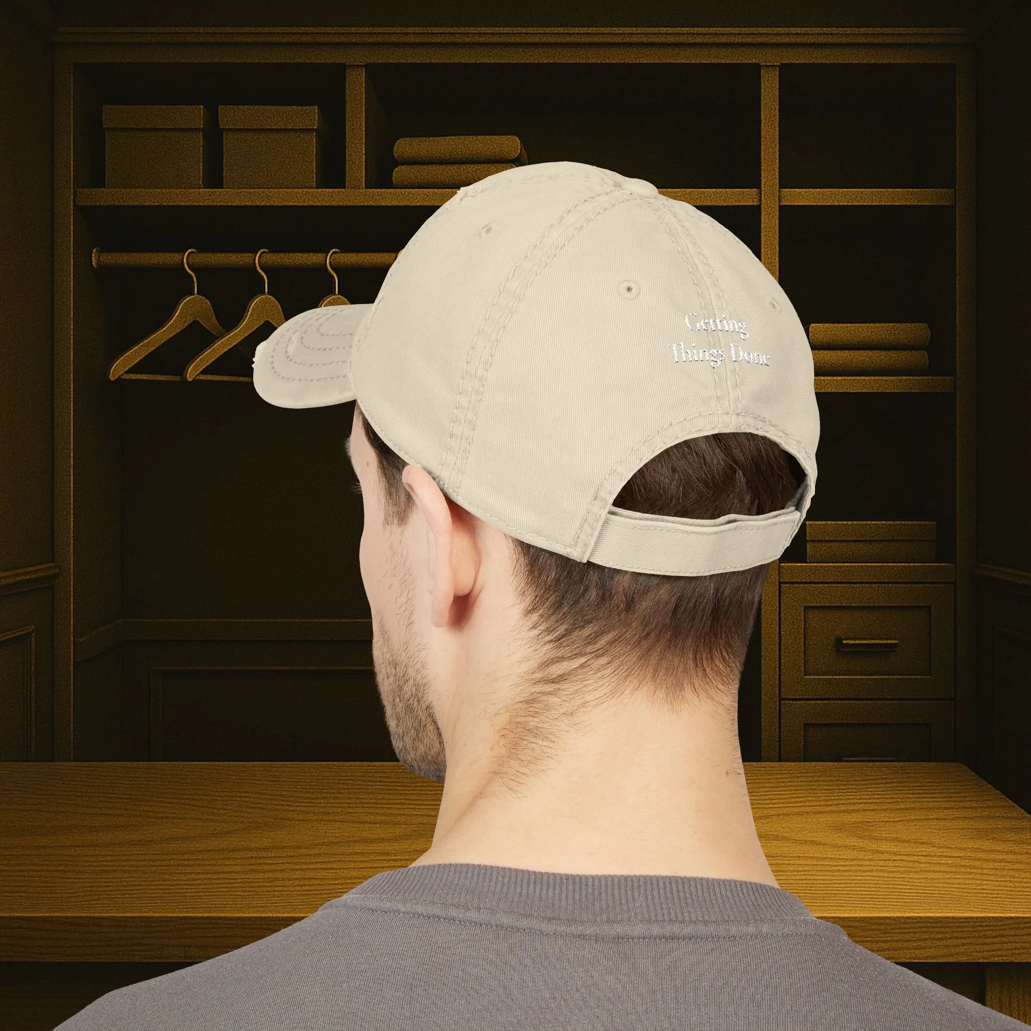 Reduce Options Increase Action embroidered distressed dad hat — low-profile unstructured cotton cap with adjustable hook-and-loop closure