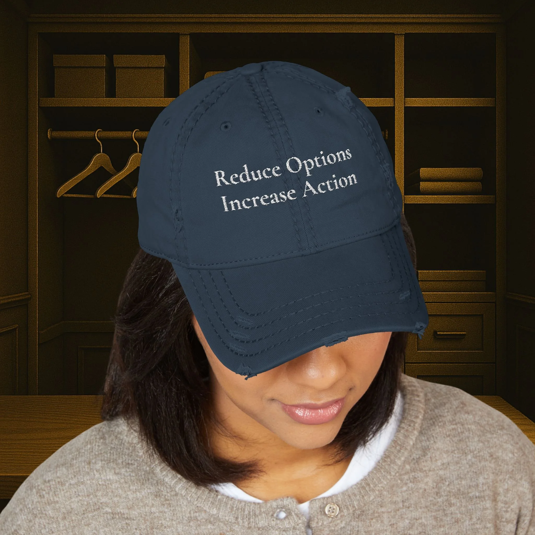 Reduce Options Increase Action embroidered distressed dad hat — low-profile unstructured cotton cap with adjustable hook-and-loop closure