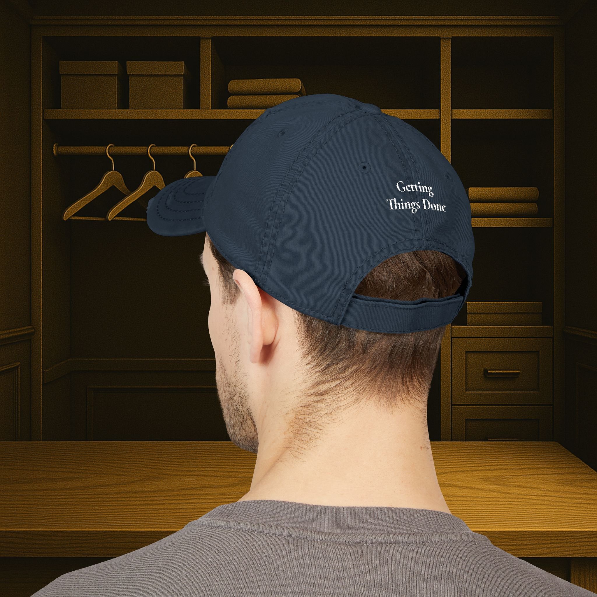 Reduce Options Increase Action embroidered distressed dad hat — low-profile unstructured cotton cap with adjustable hook-and-loop closure
