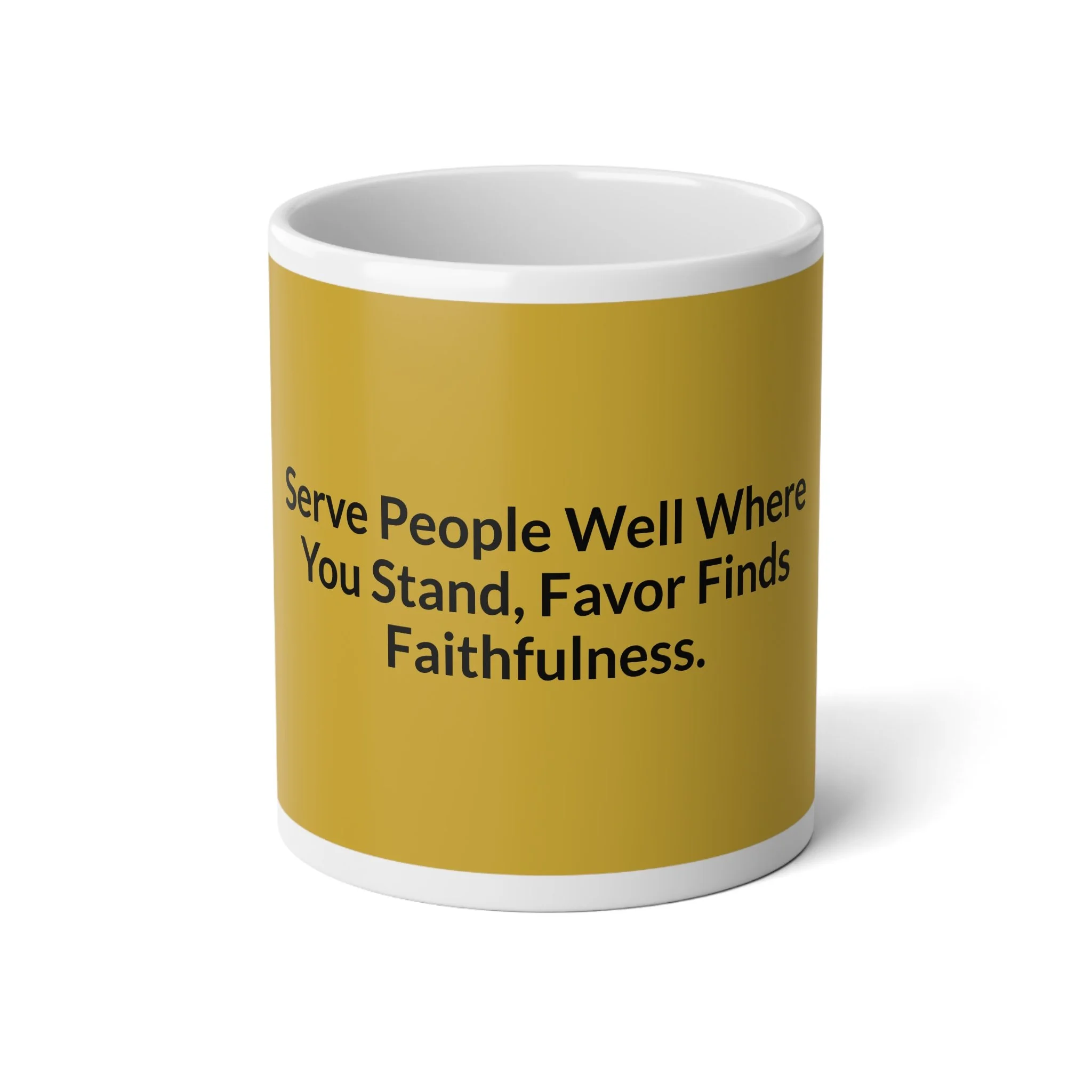 20 oz white ceramic mug with “Serve People Well — Favor Finds Faithfulness,” glossy finish, C-shaped handle.