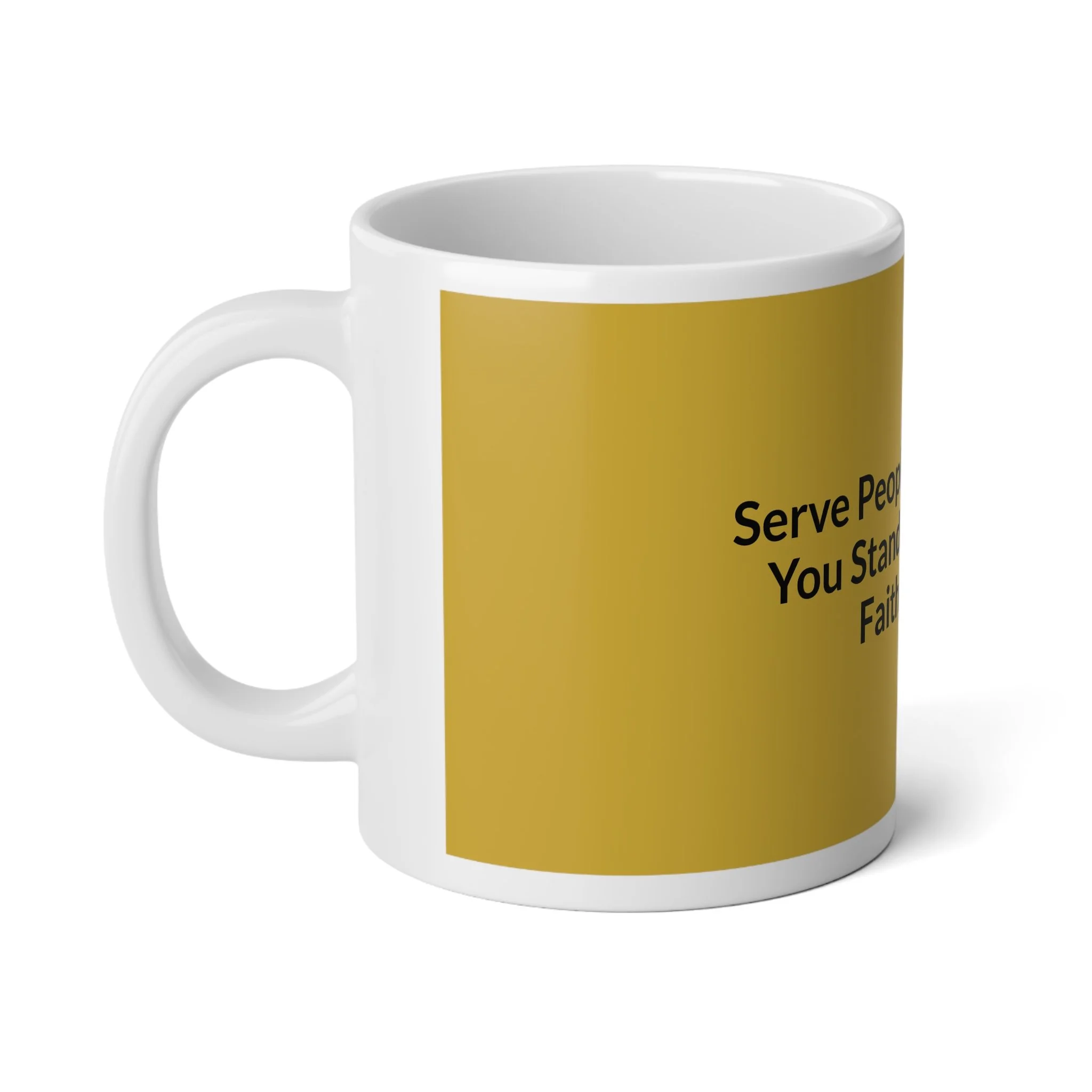 20 oz white ceramic mug with “Serve People Well — Favor Finds Faithfulness,” glossy finish, C-shaped handle.