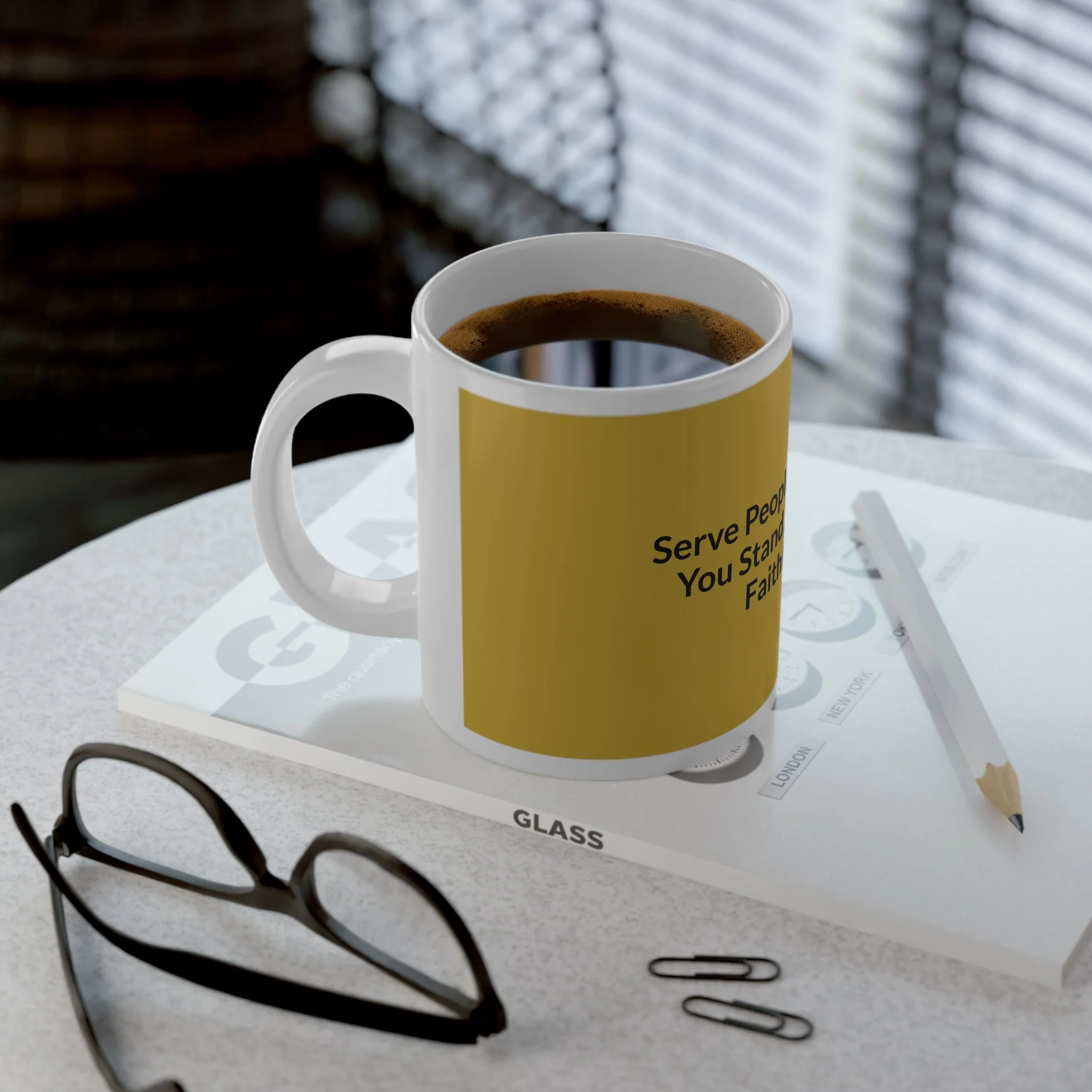20 oz white ceramic mug with “Serve People Well — Favor Finds Faithfulness,” glossy finish, C-shaped handle.
