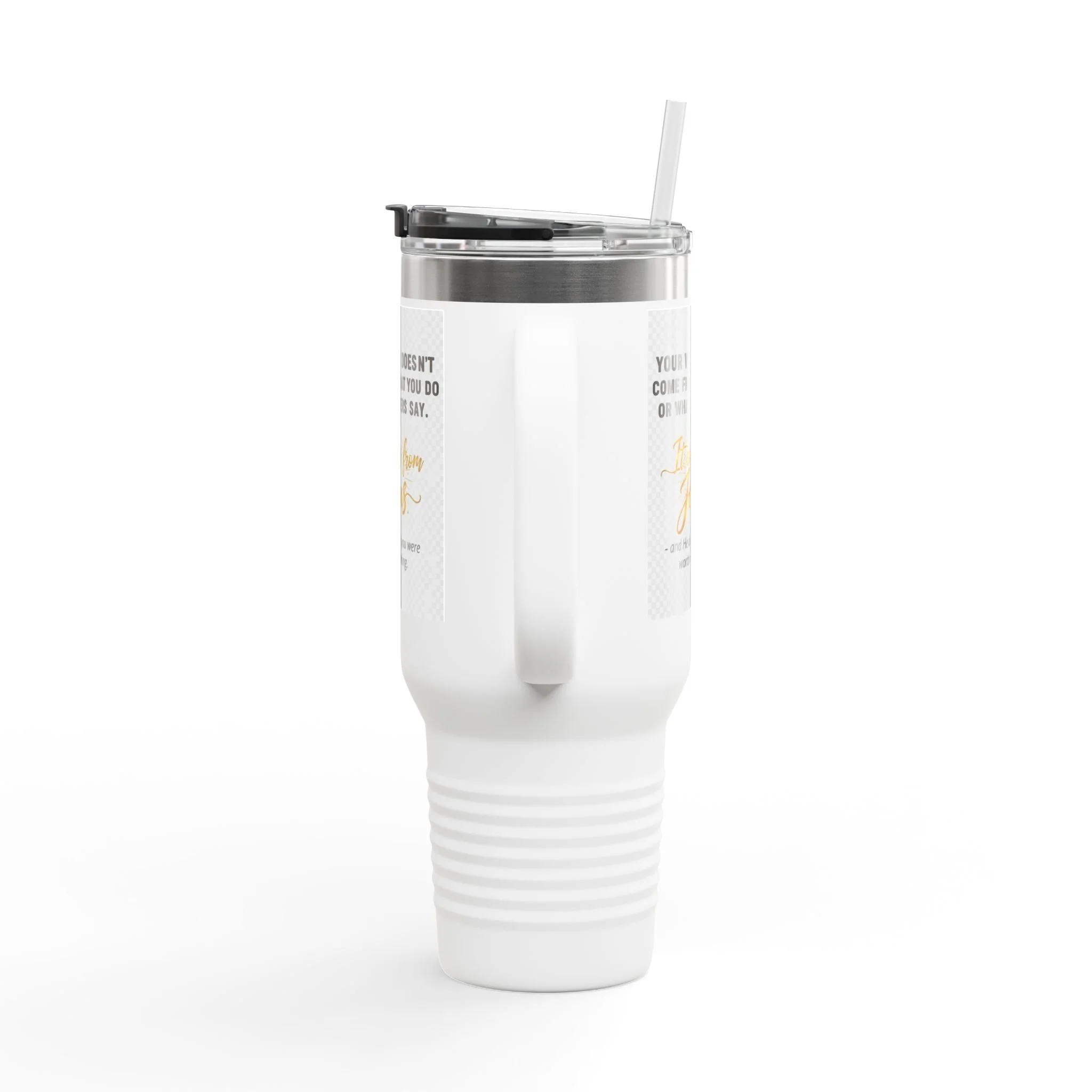 40 oz insulated Christian tumbler with handle and straw—‘Your worth comes from Jesus’ design
