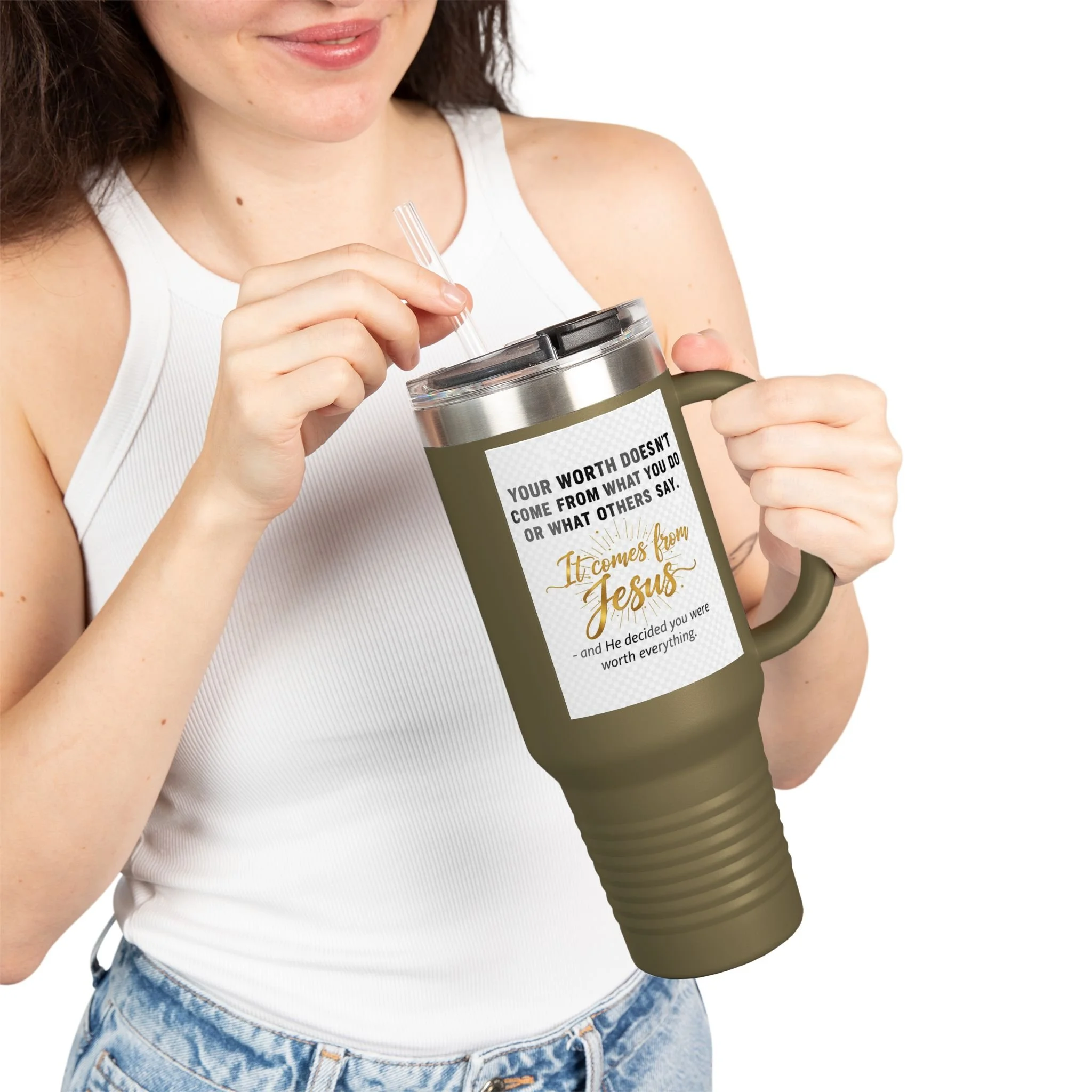 40 oz insulated Christian tumbler with handle and straw—‘Your worth comes from Jesus’ design