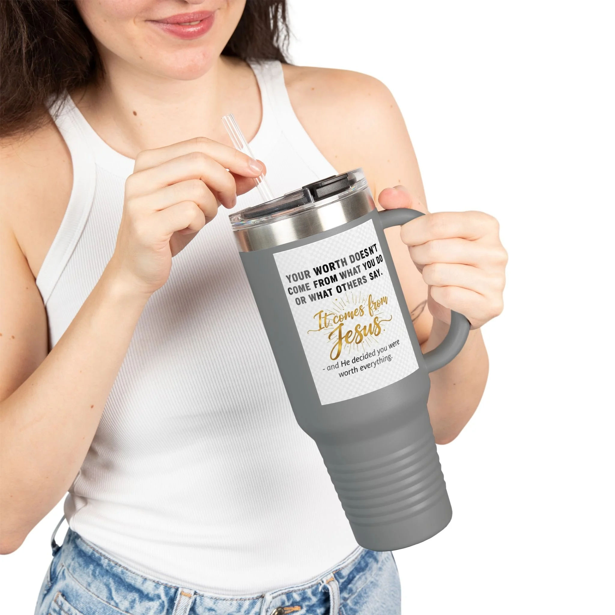 40 oz insulated Christian tumbler with handle and straw—‘Your worth comes from Jesus’ design