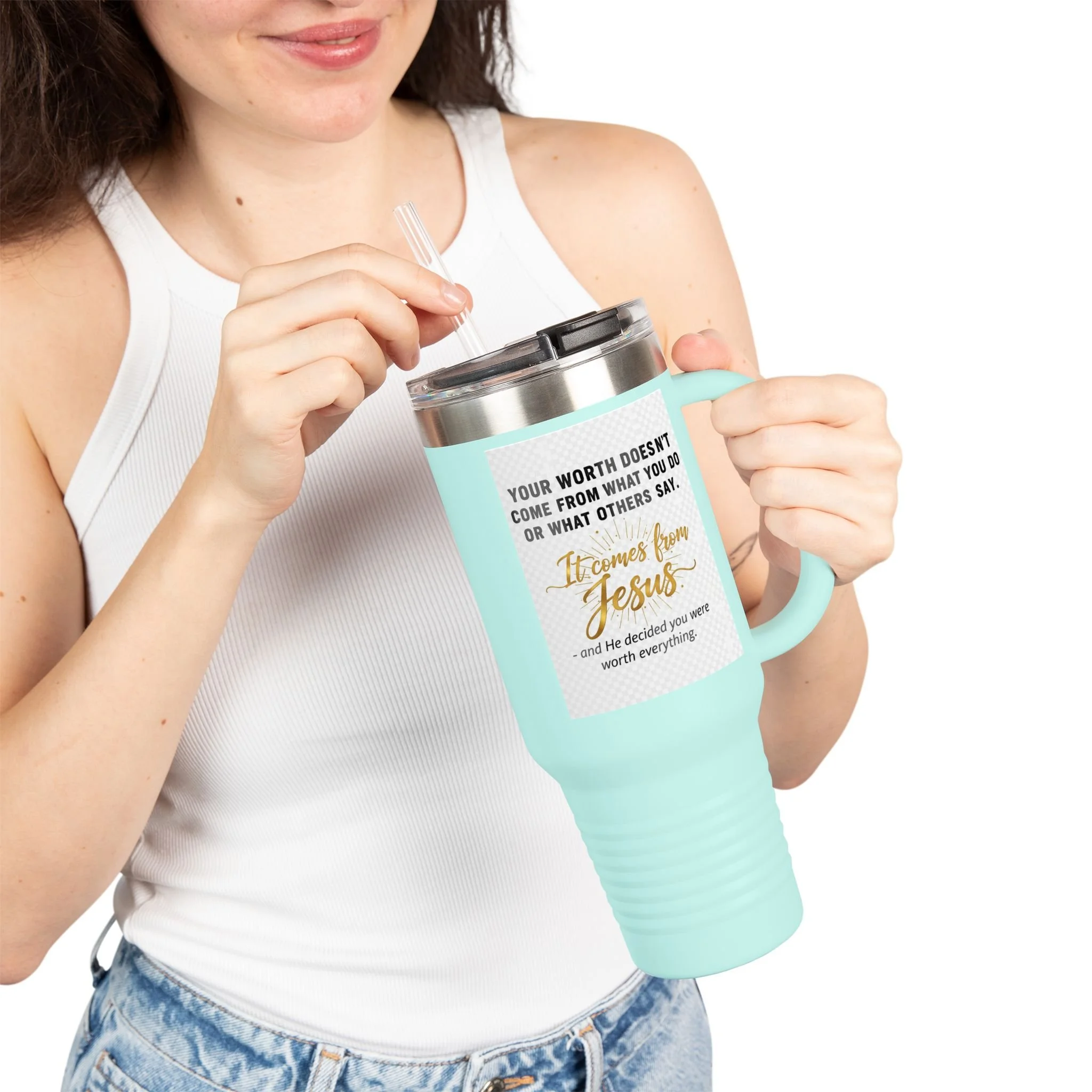 40 oz insulated Christian tumbler with handle and straw—‘Your worth comes from Jesus’ design