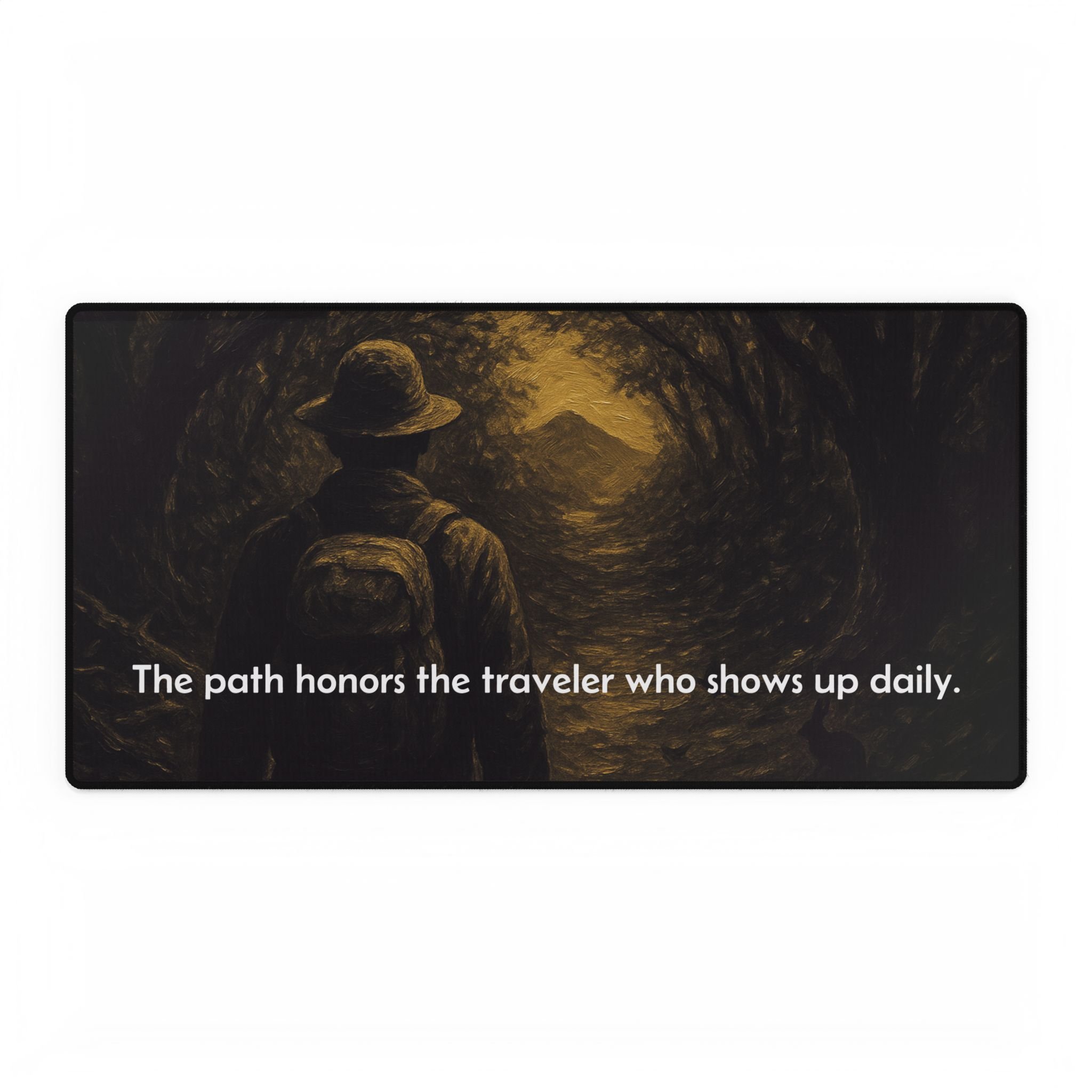 Motivational office desk mat — ‘The Path Honors the Traveler Who Shows Up Daily’ design on smooth polyester top with non-slip rubber base, 31.5 x 15.5.