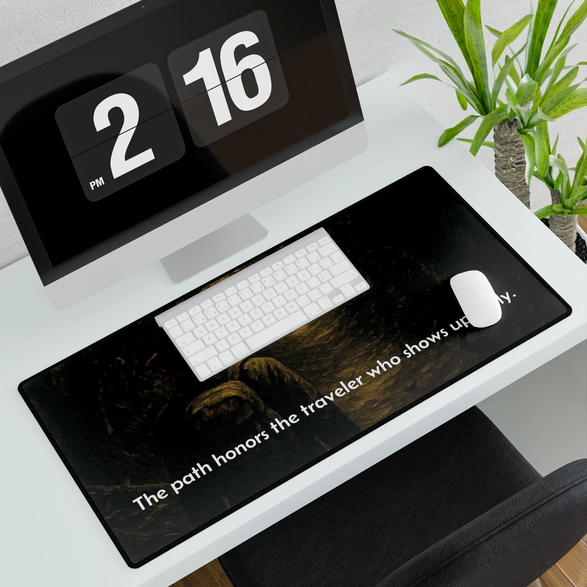 Motivational office desk mat — ‘The Path Honors the Traveler Who Shows Up Daily’ design on smooth polyester top with non-slip rubber base, 31.5 x 15.5.