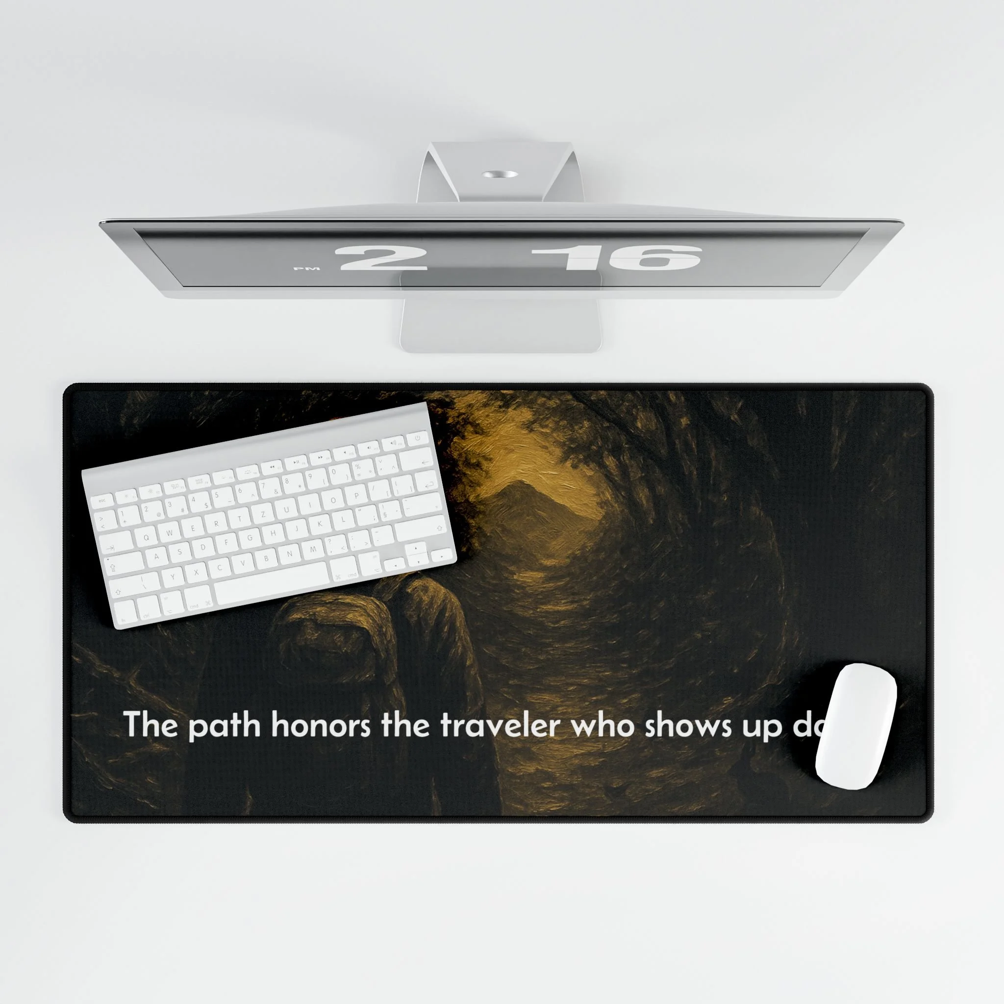 Motivational office desk mat — ‘The Path Honors the Traveler Who Shows Up Daily’ design on smooth polyester top with non-slip rubber base, 31.5 x 15.5.
