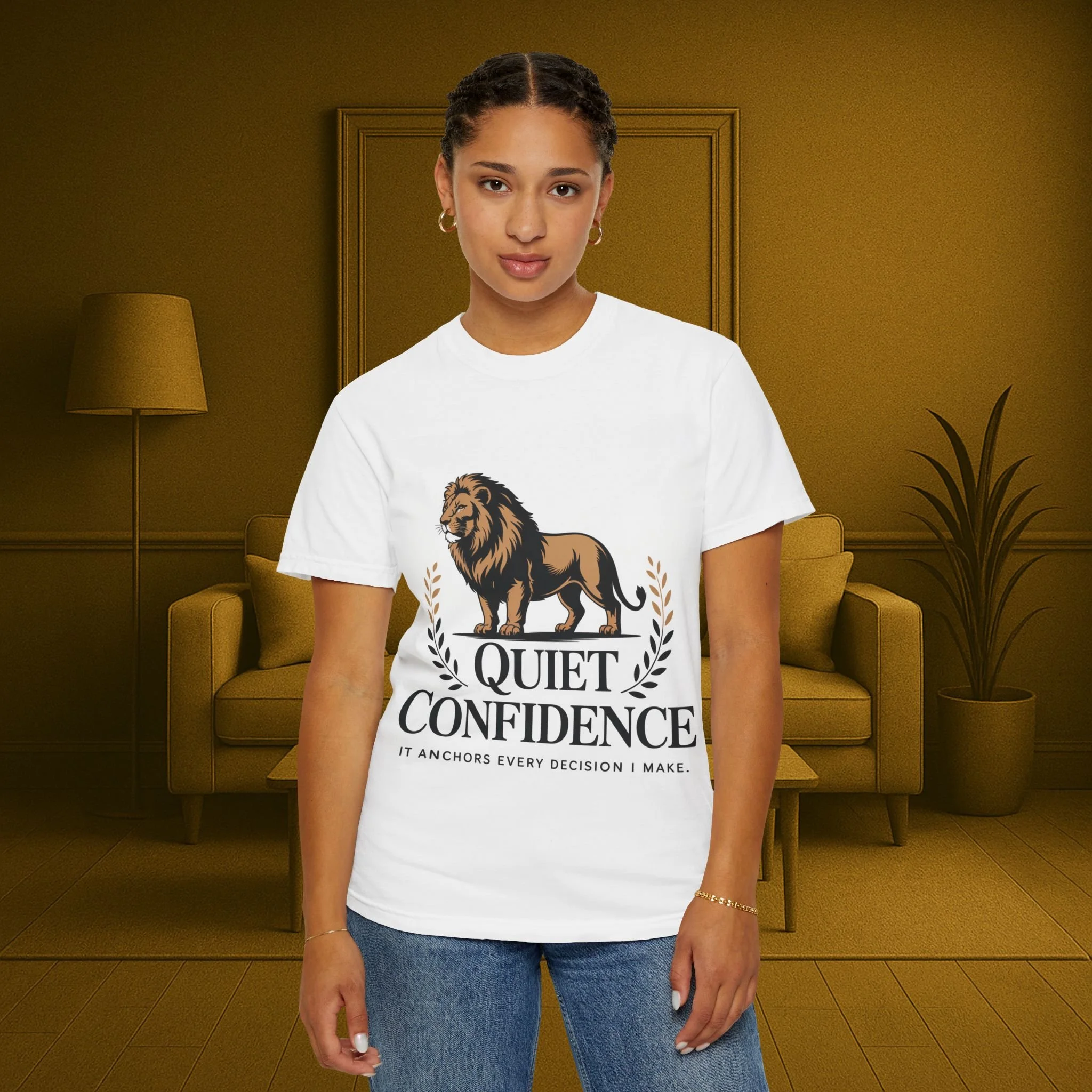Unisex garment-dyed Christian T-shirt with lion graphic—Quiet Confidence design