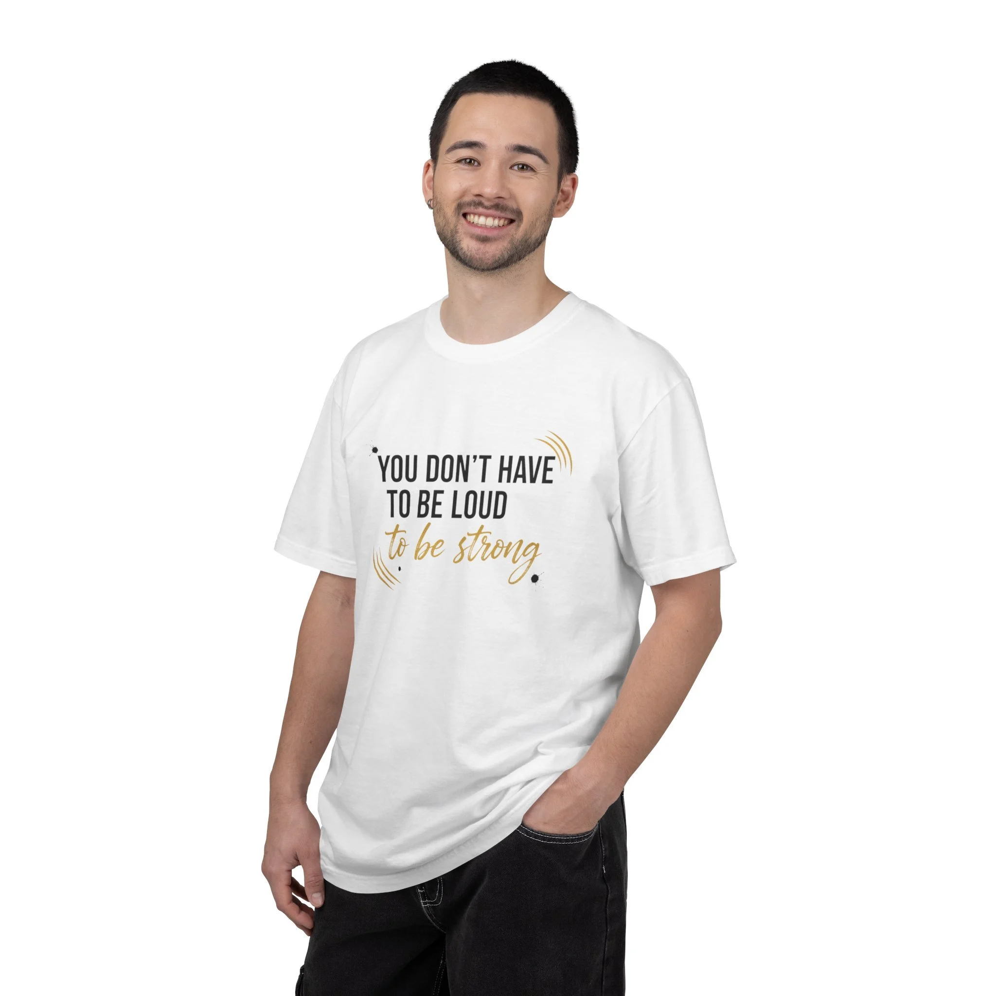 Lifestyle front view of person wearing inspirational message T-shirt.