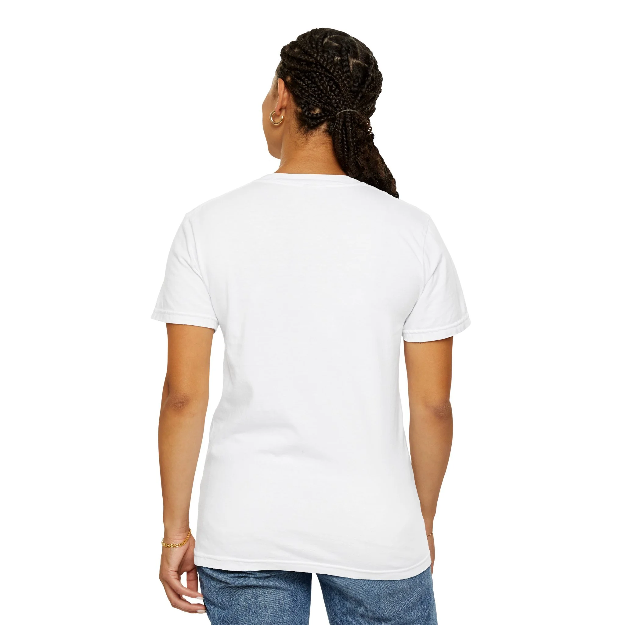 Lifestyle back view of person wearing inspirational message T-shirt.