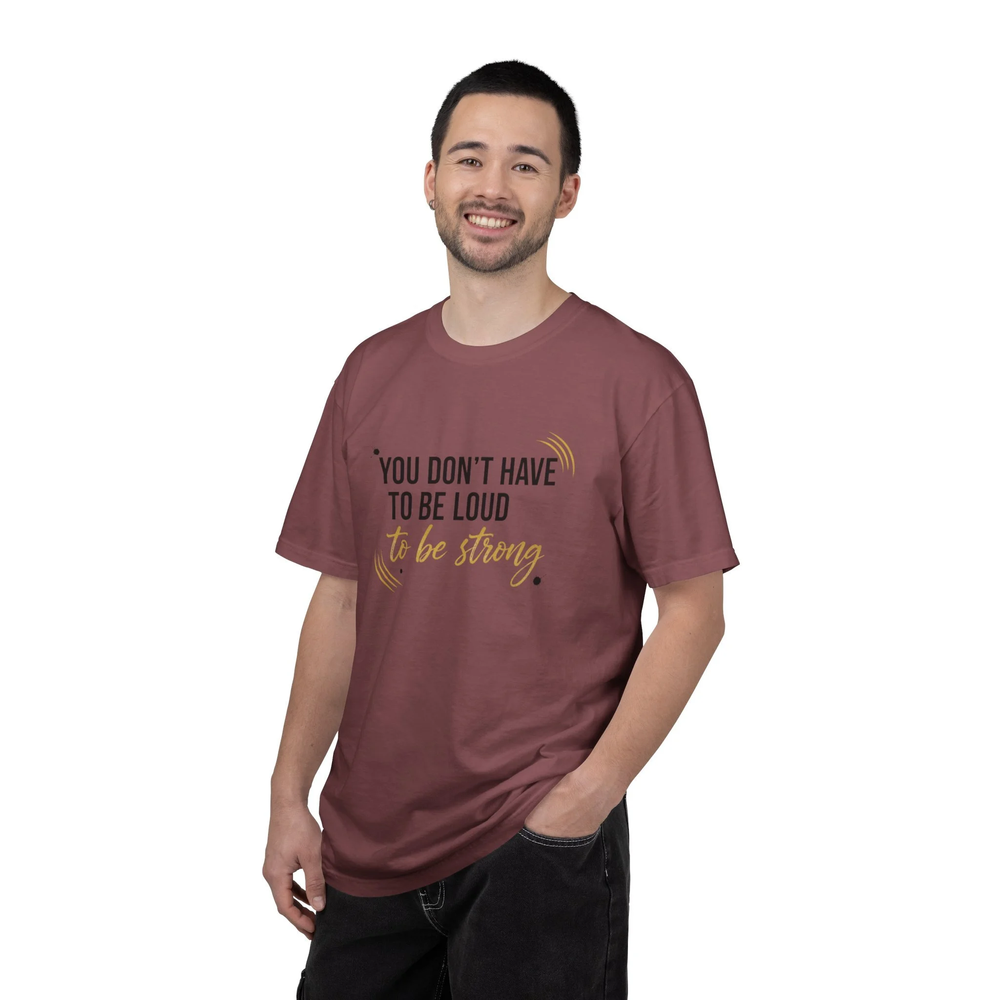 Lifestyle front view of person wearing inspirational message T-shirt.