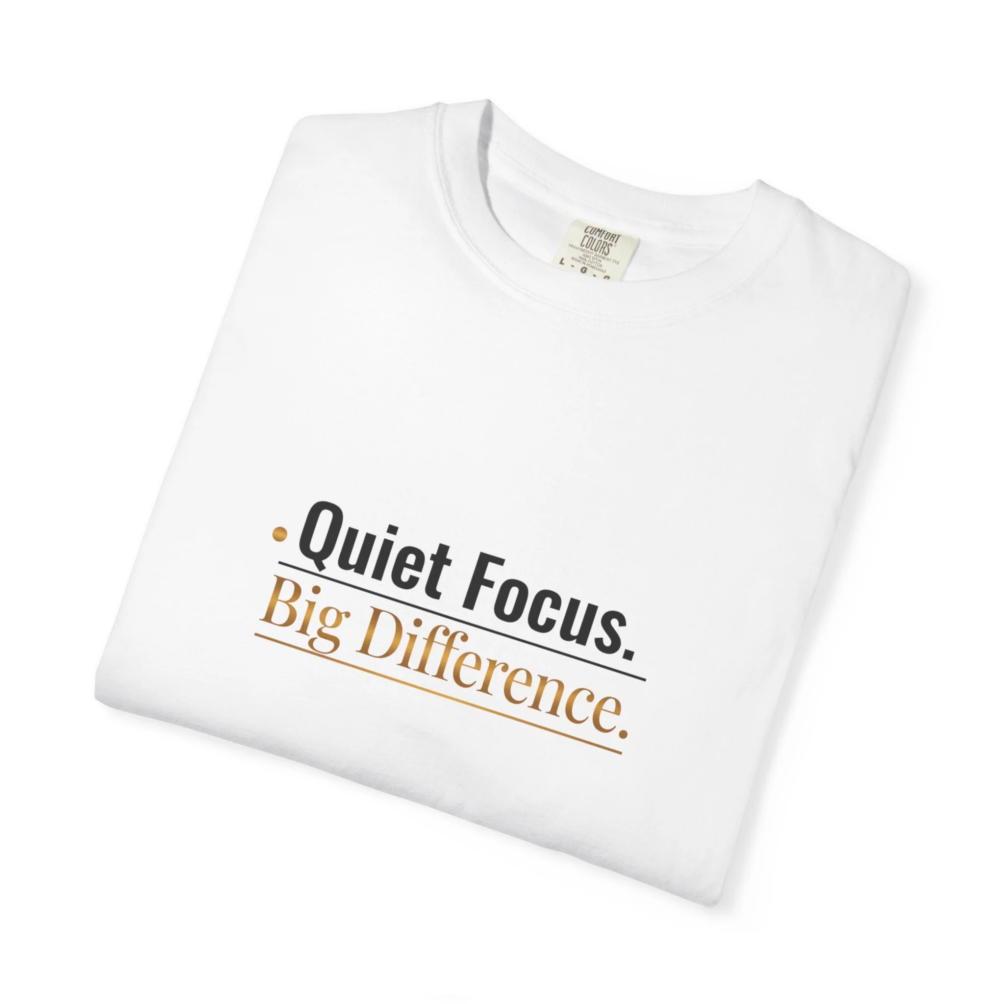 Folded white Quiet Focus T-shirt showing front graphic.