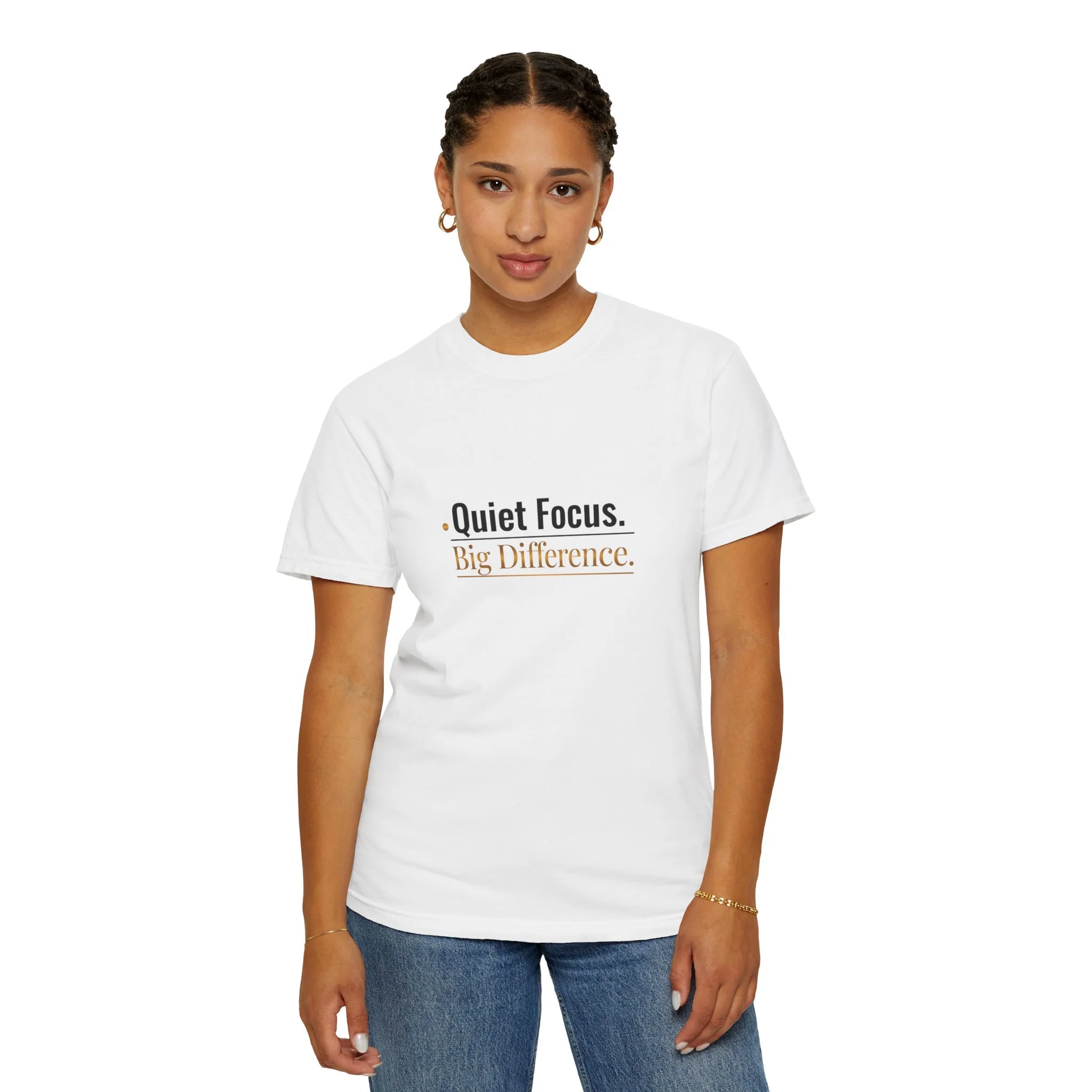 Lifestyle front view of person wearing white Quiet Focus oversized T-shirt.