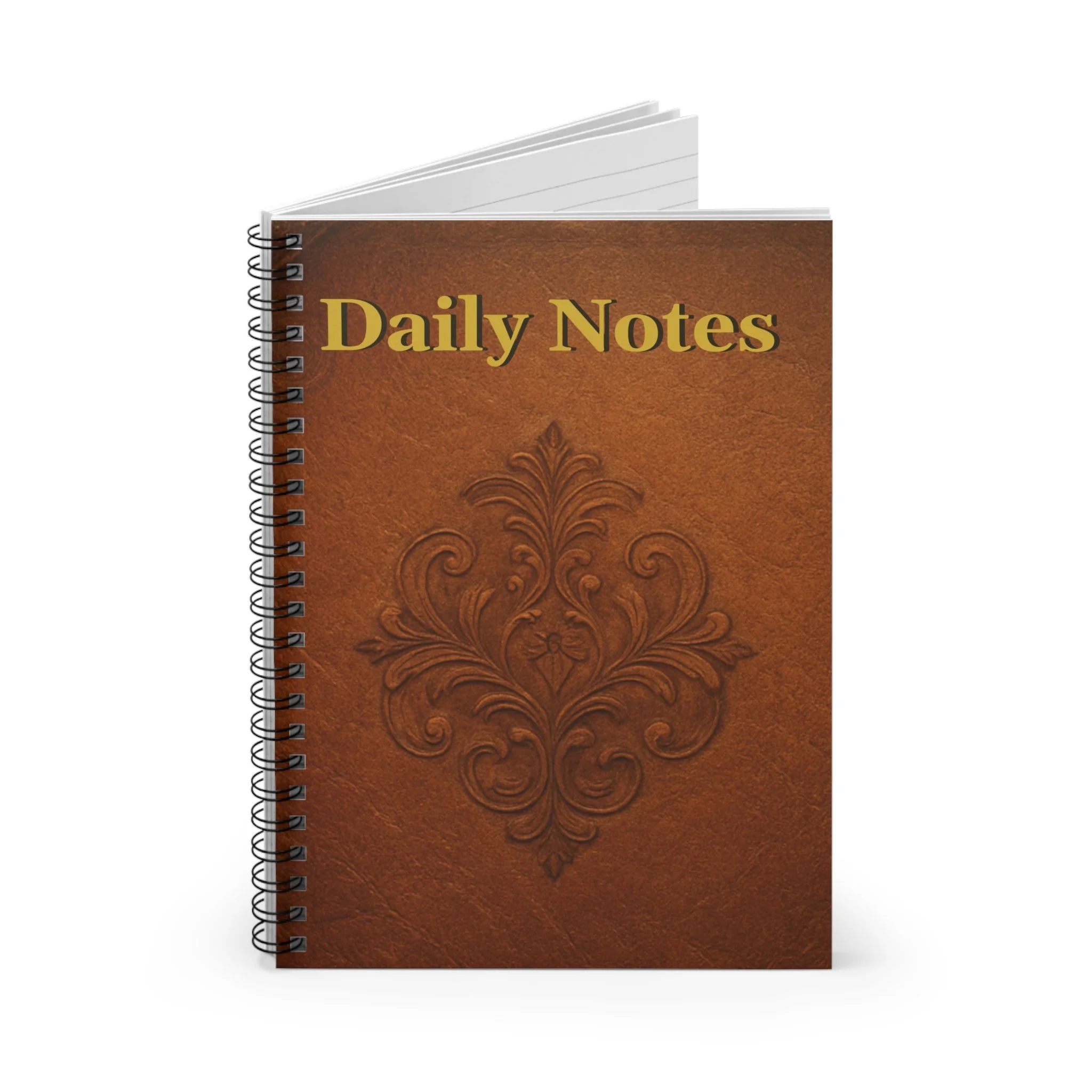 Angled view of Daily Notes spiral notebook showing front cover and spiral binding.