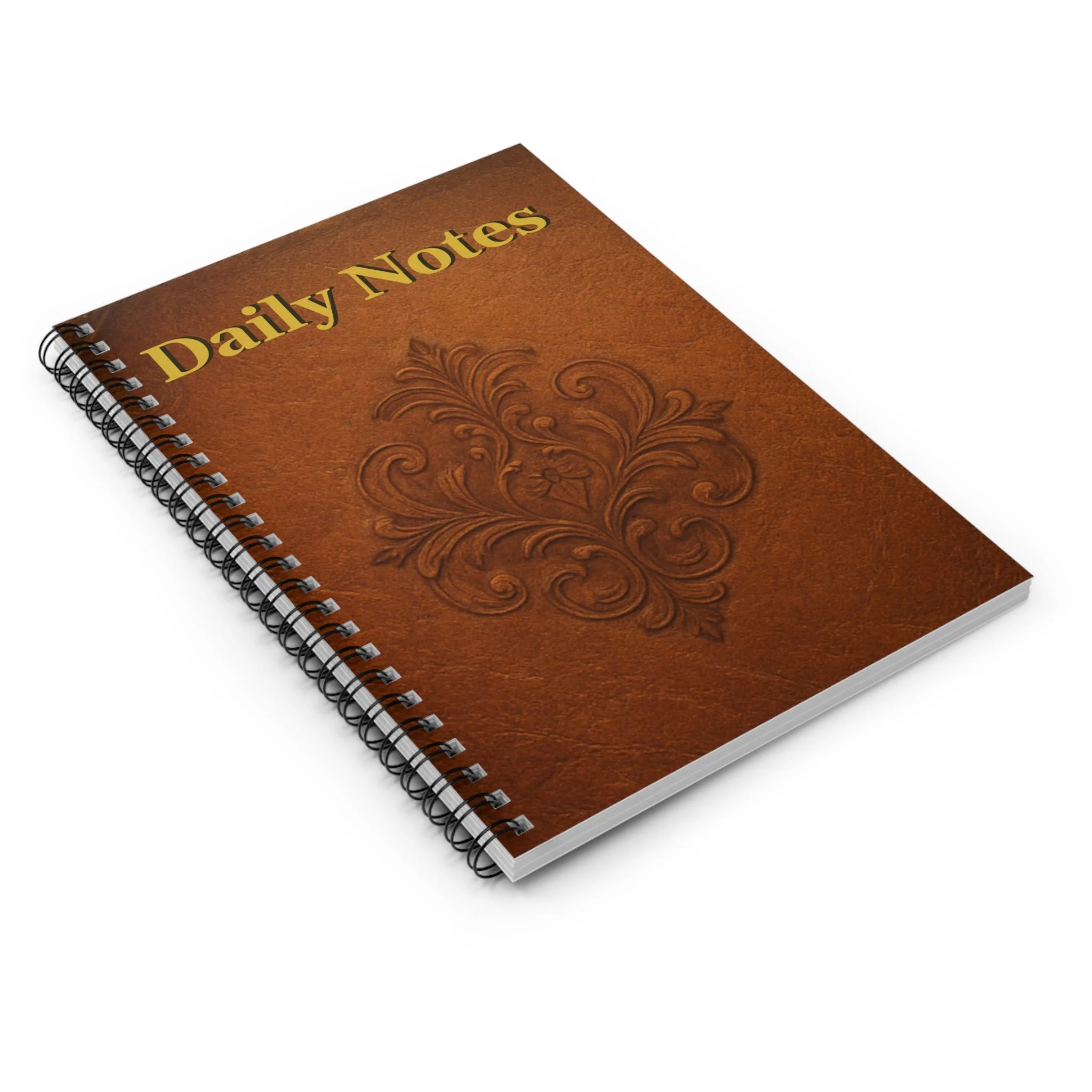 Angled view of Daily Notes spiral notebook showing front cover and spiral binding.