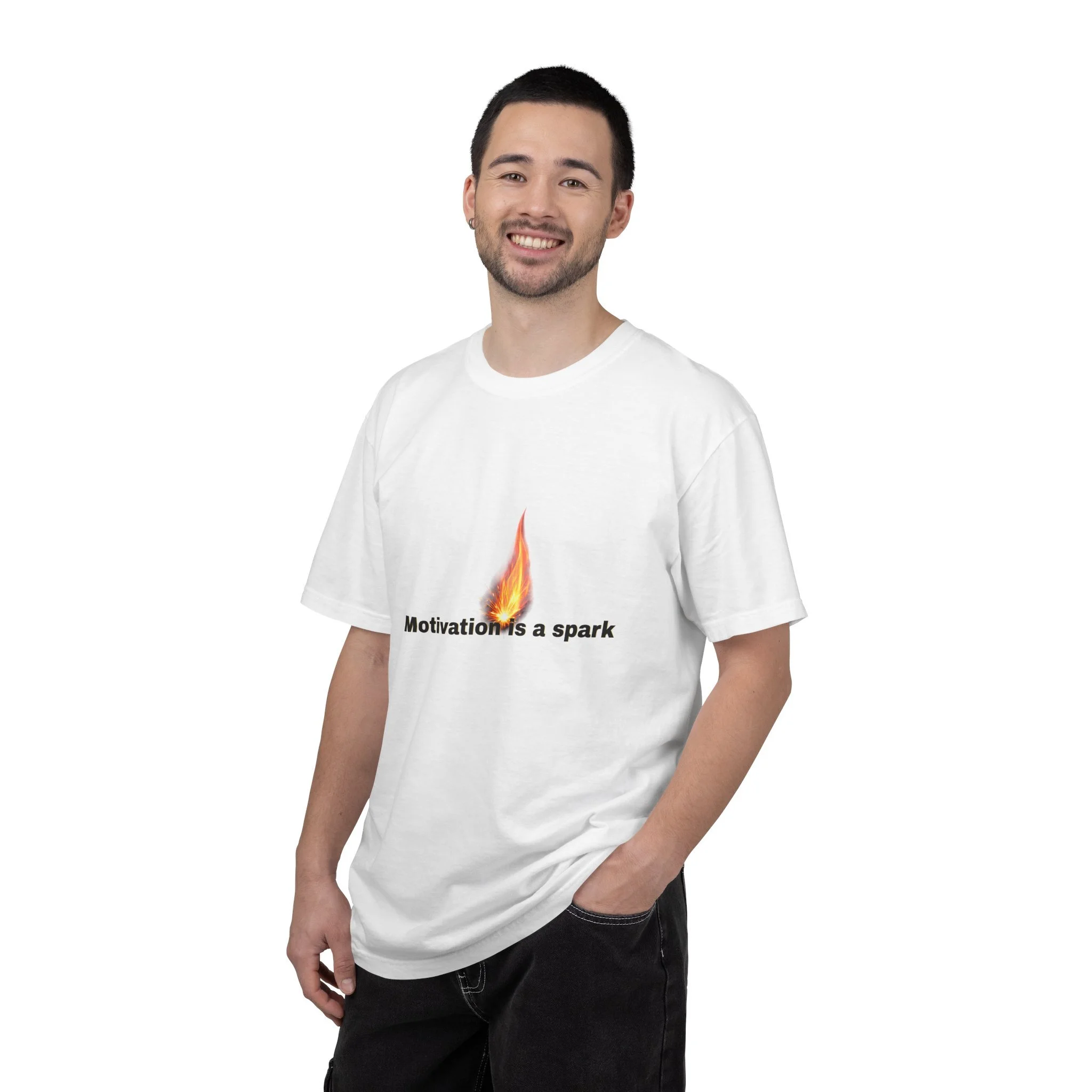 Lifestyle front view of person wearing garment-dyed motivational T-shirt.
