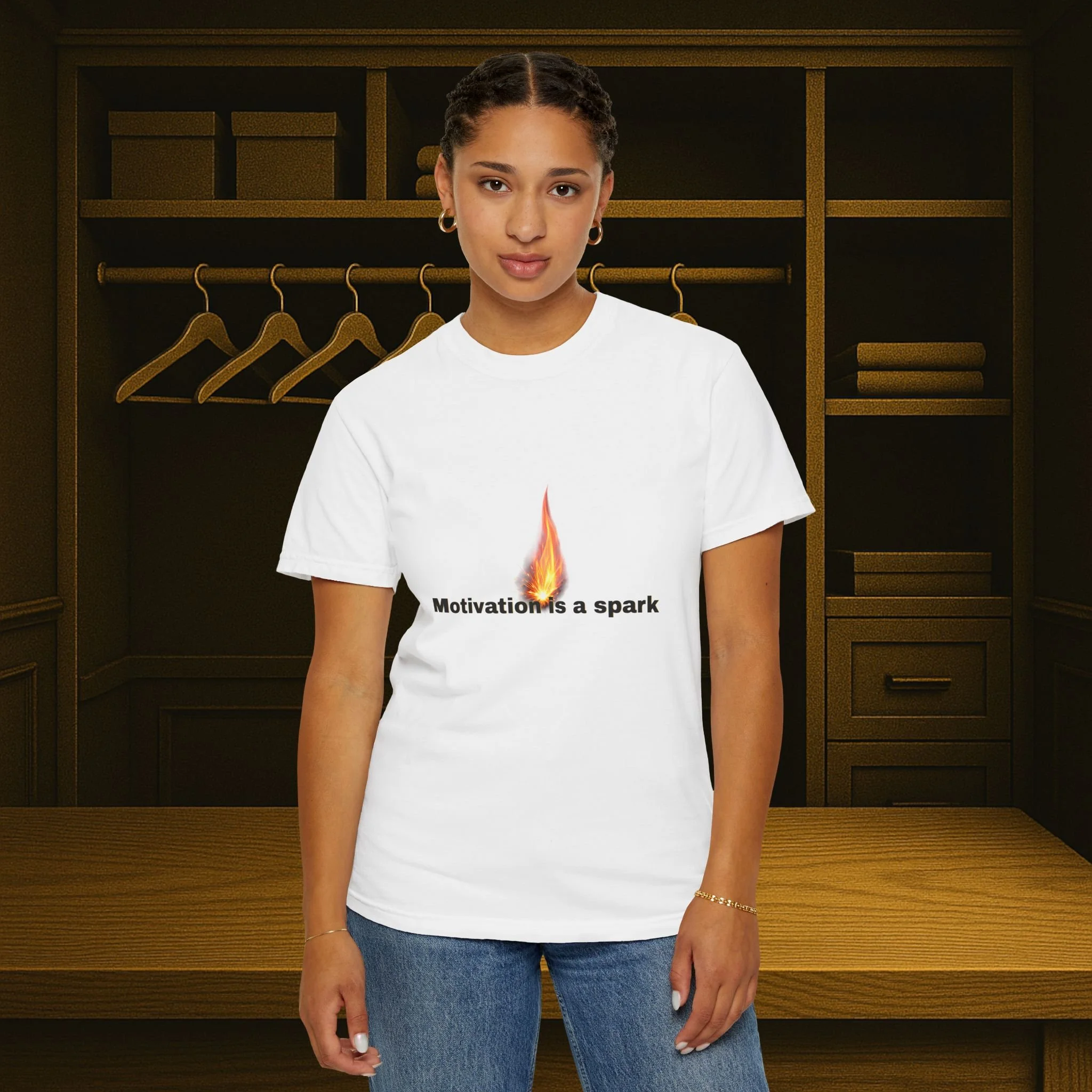 Lifestyle front view of person wearing garment-dyed motivational T-shirt.