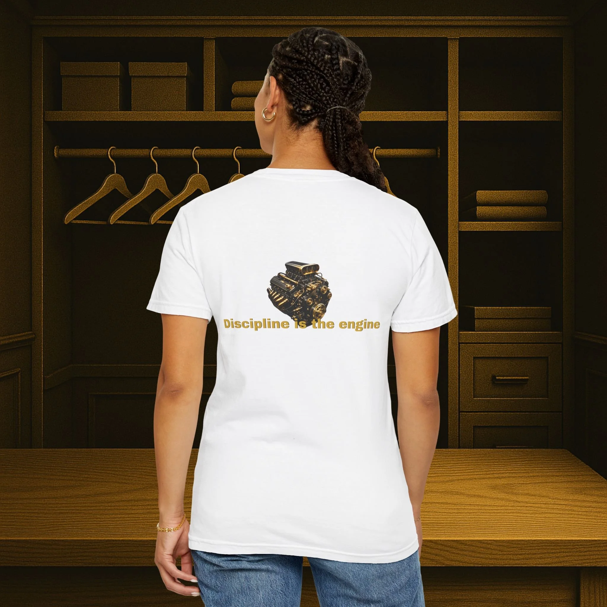 Lifestyle back view of garment-dyed motivational T-shirt.