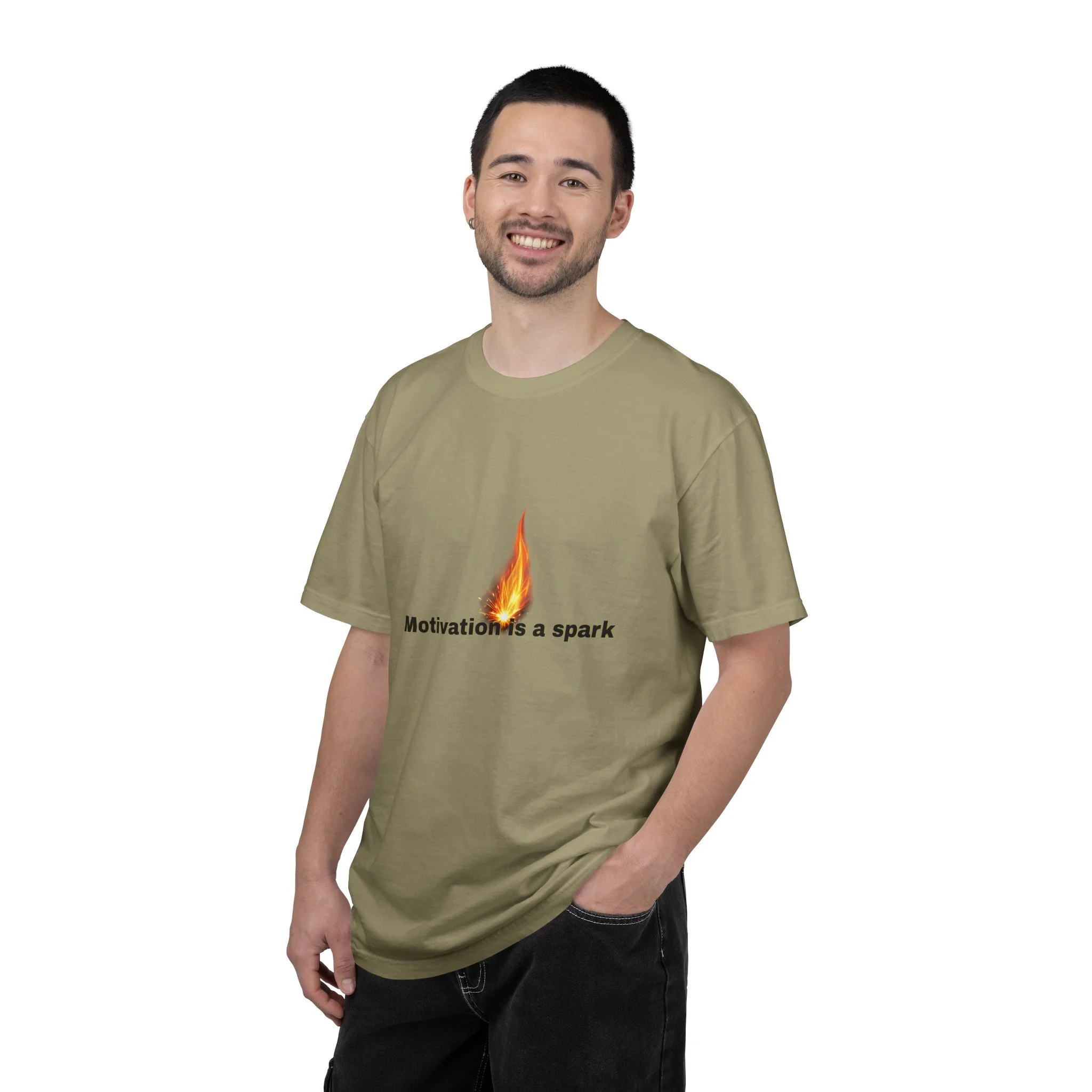 Lifestyle front view of person wearing garment-dyed motivational T-shirt.