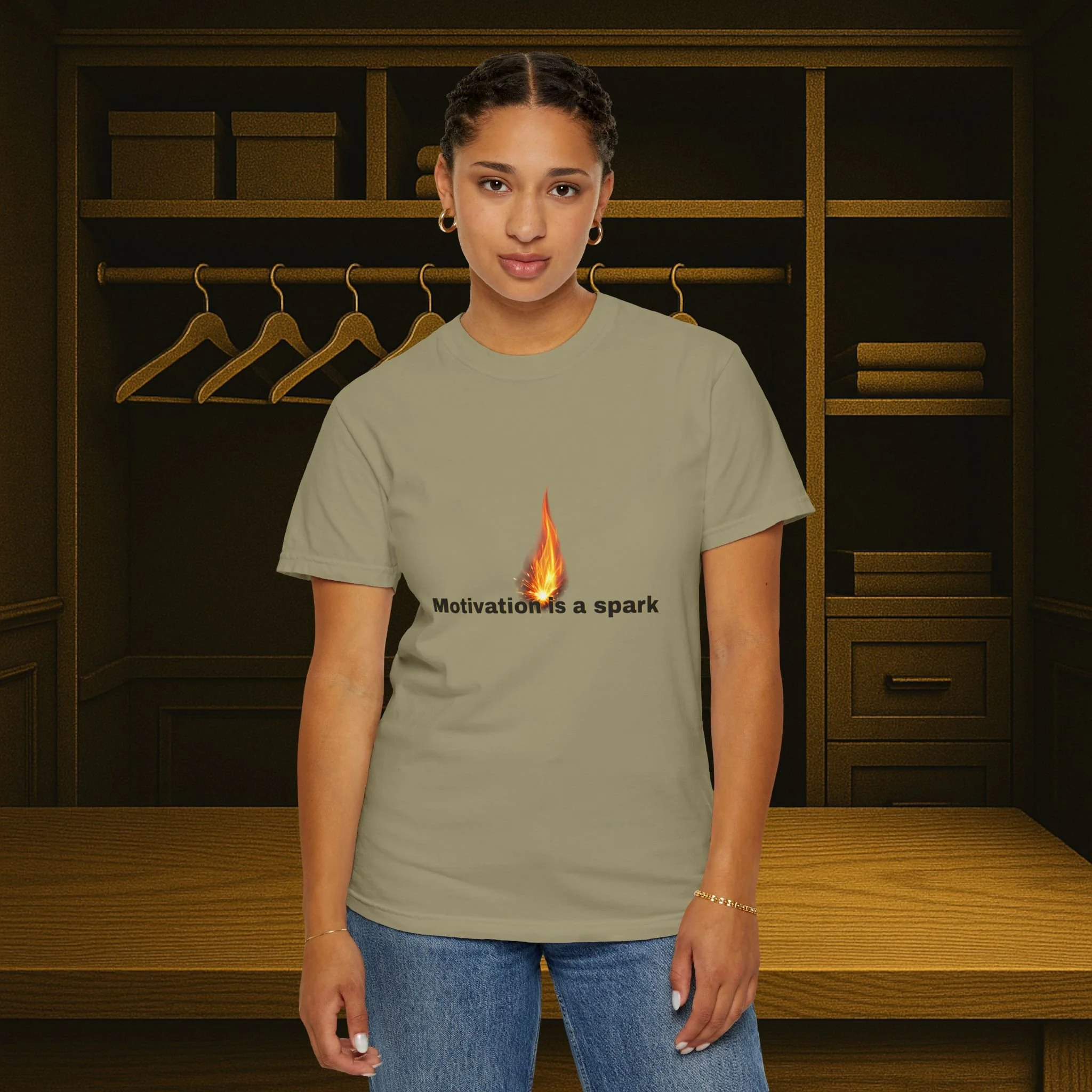 Lifestyle front view of person wearing garment-dyed motivational T-shirt.