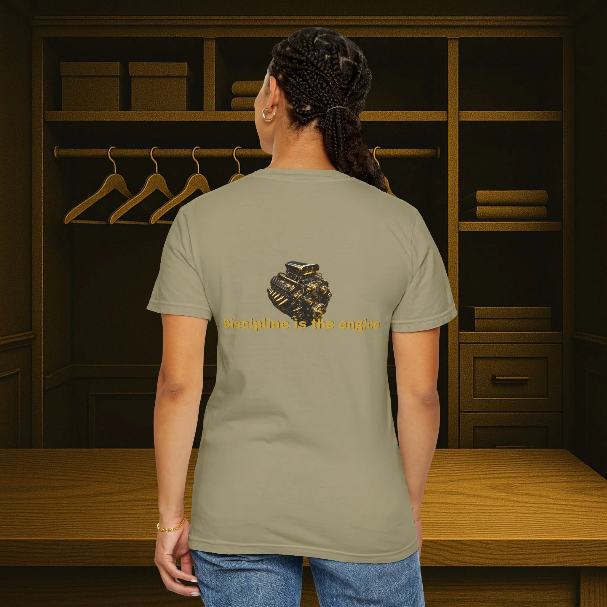 Lifestyle back view of garment-dyed motivational T-shirt.