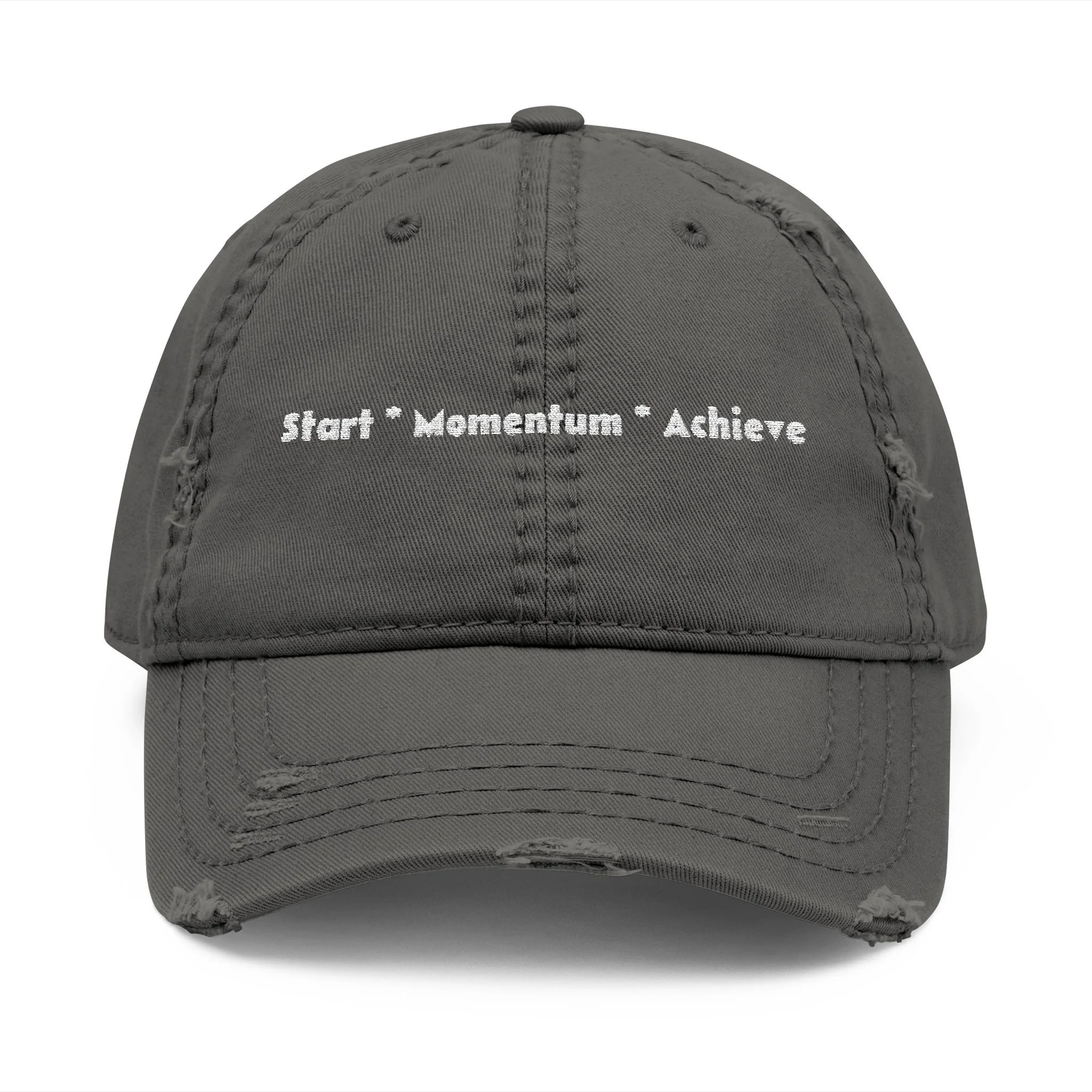 Front view of distressed dad hat with embroidered 'Start Momentum Achieve' message.