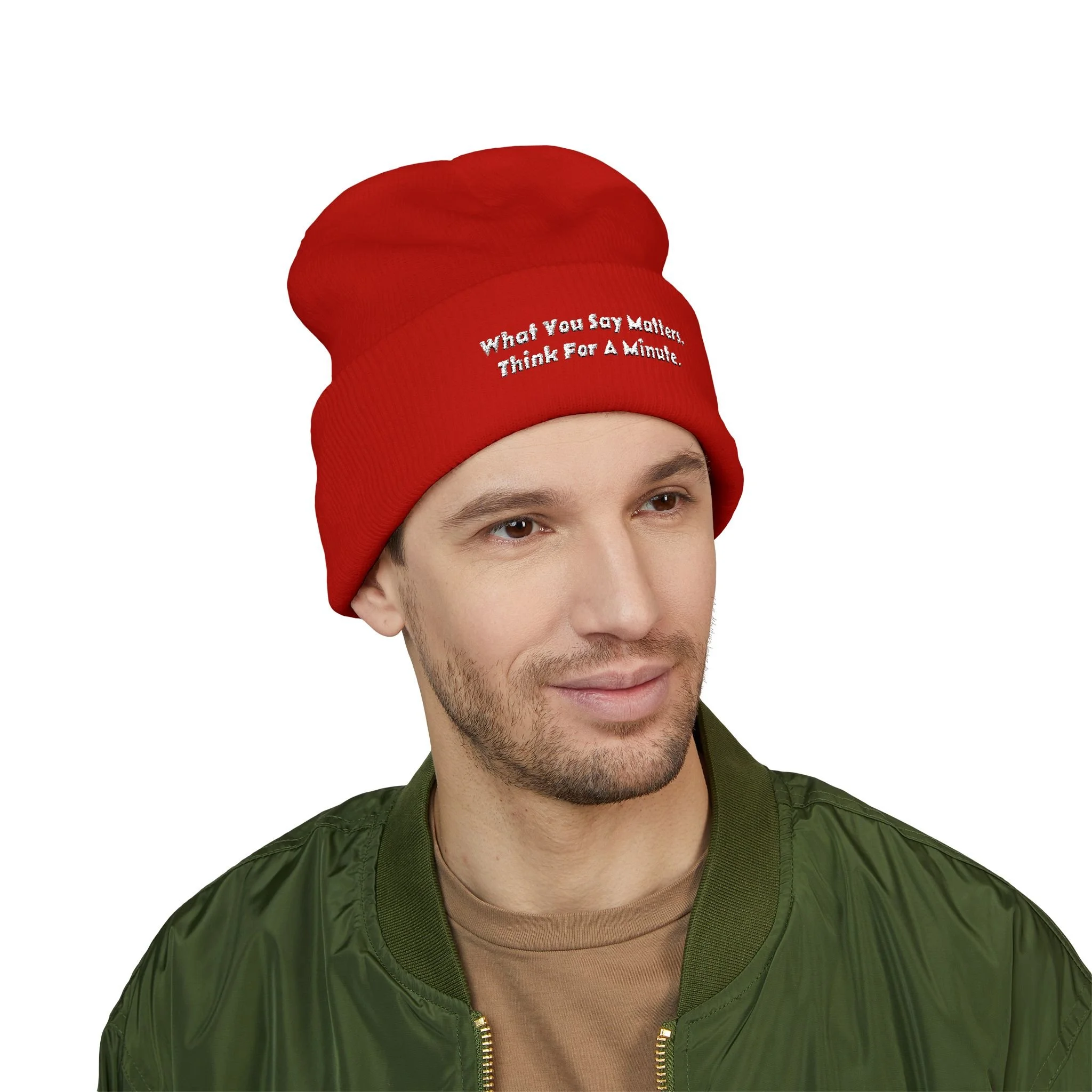 Lifestyle front view of person wearing embroidered beanie.
