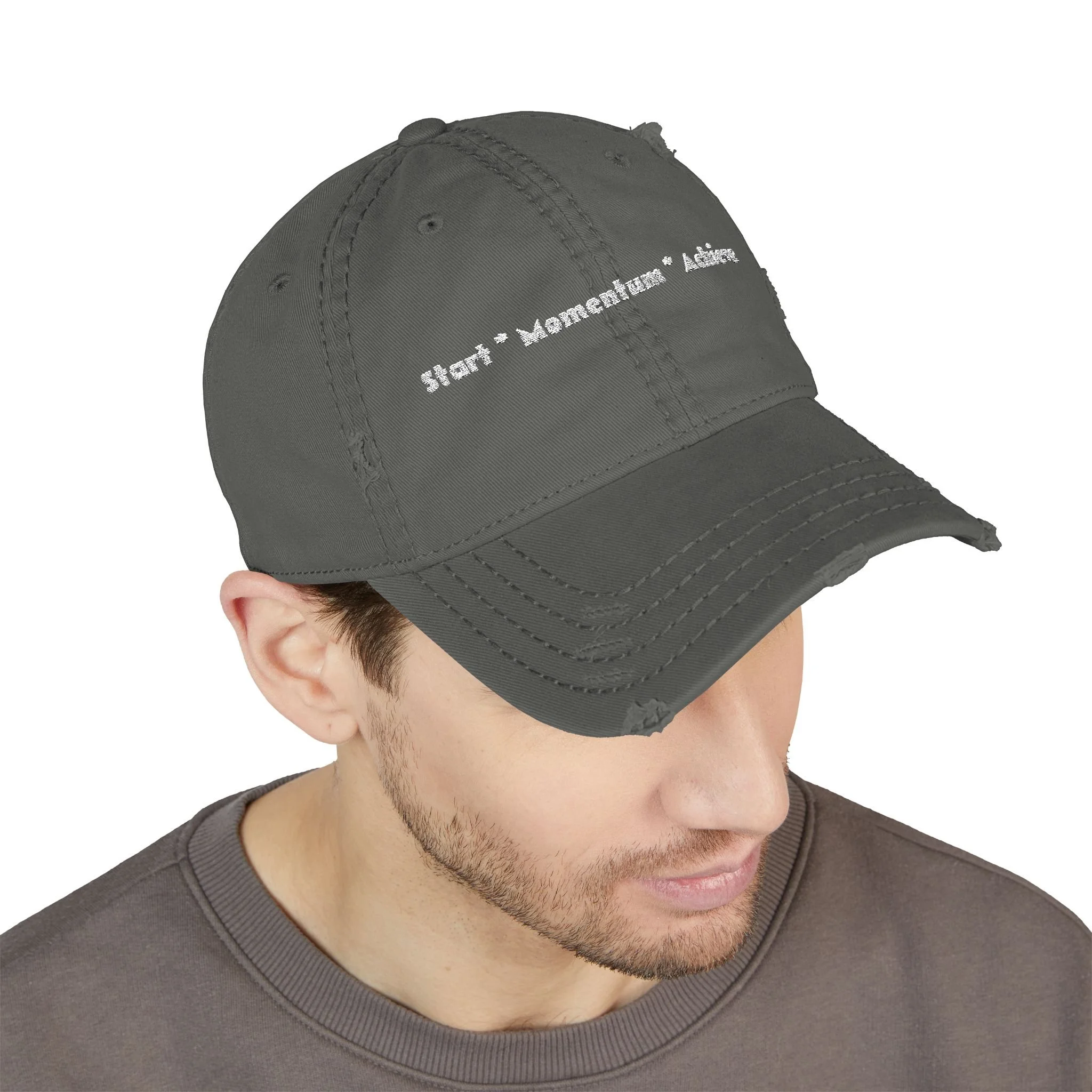 Lifestyle front view of person wearing 'Start Momentum Achieve' hat.