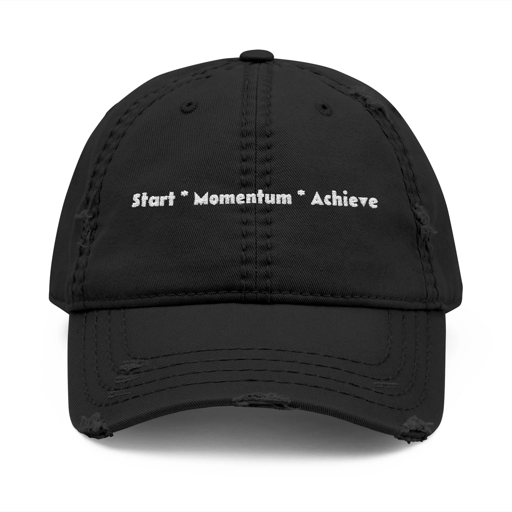 Front view of distressed dad hat with embroidered 'Start Momentum Achieve' message.