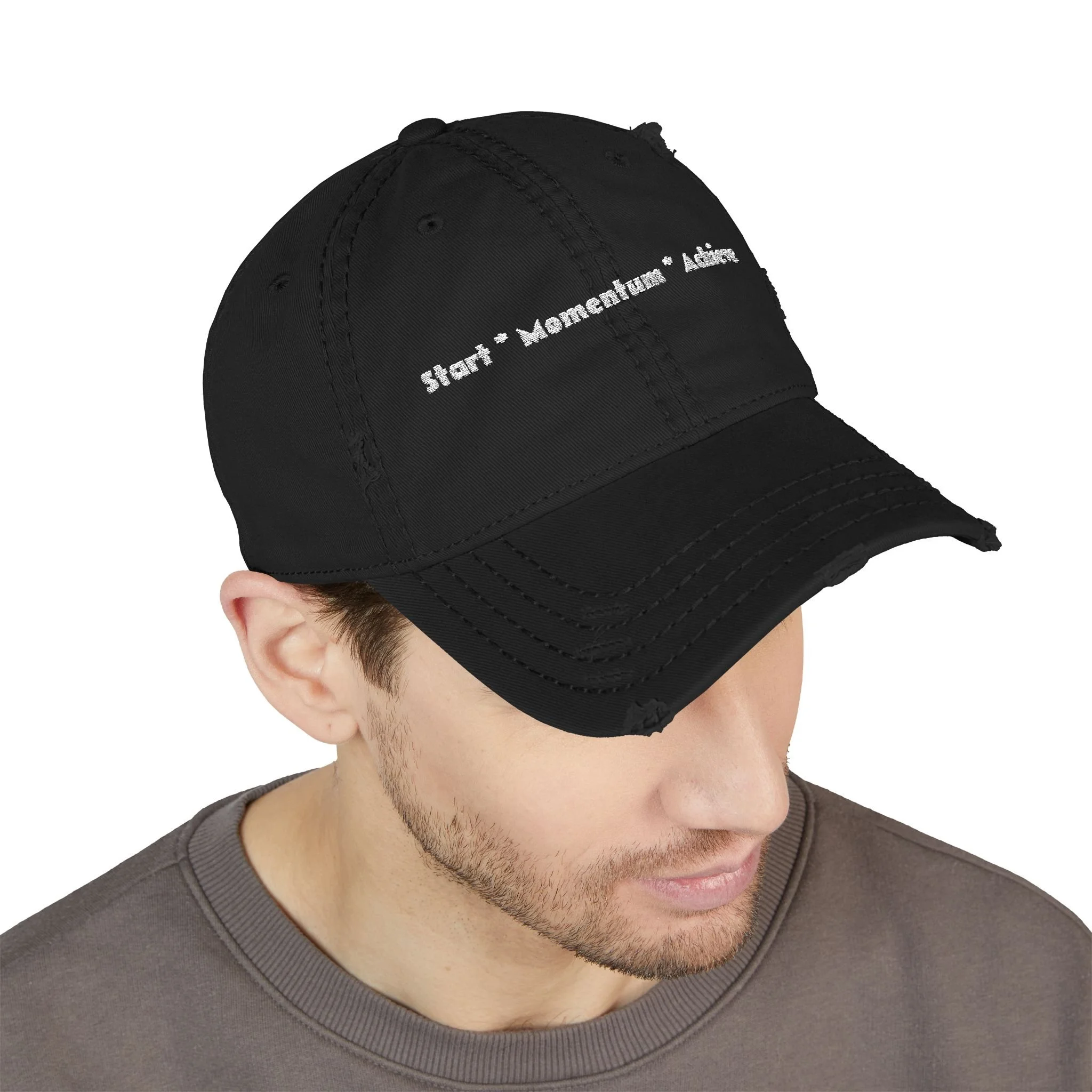 Lifestyle front view of person wearing 'Start Momentum Achieve' hat.