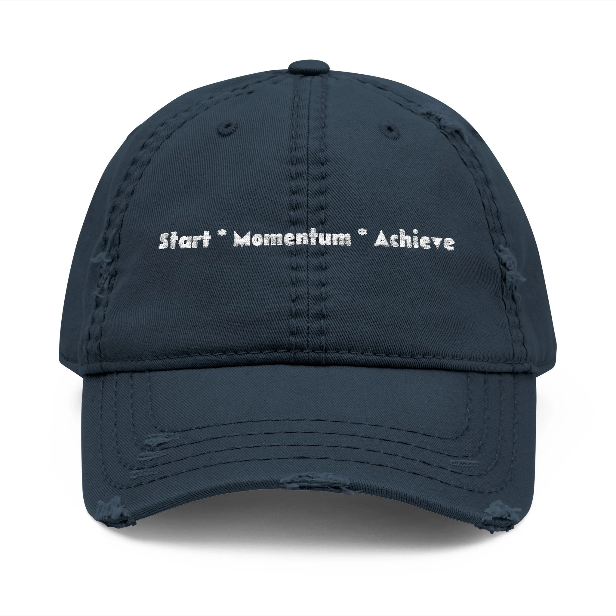 Front view of distressed dad hat with embroidered 'Start Momentum Achieve' message.