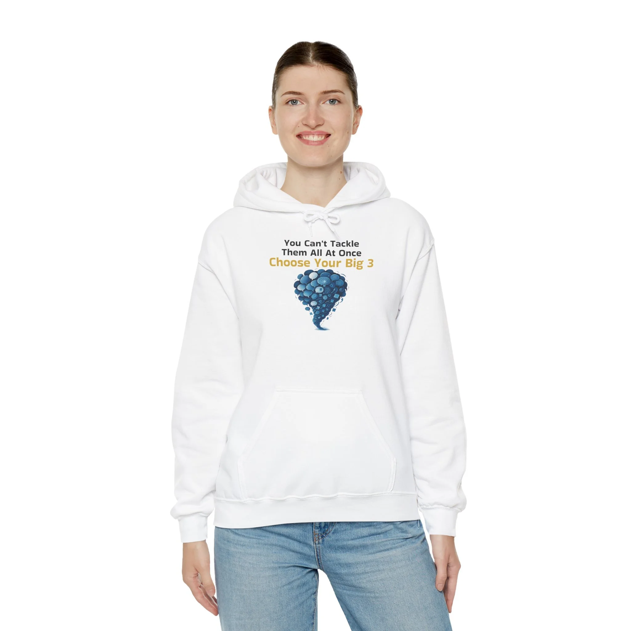 Lifestyle front view of person wearing motivational hoodie.