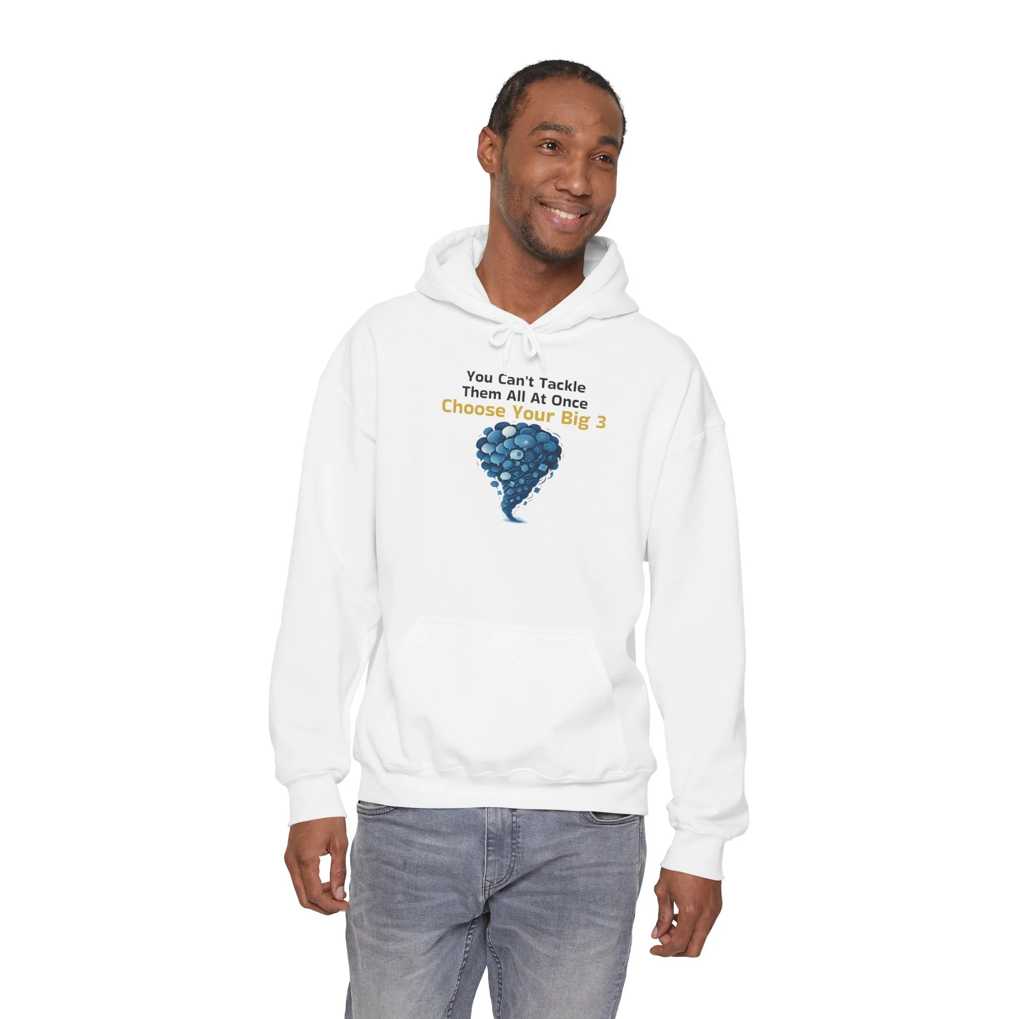 Lifestyle front view of person wearing motivational hoodie.