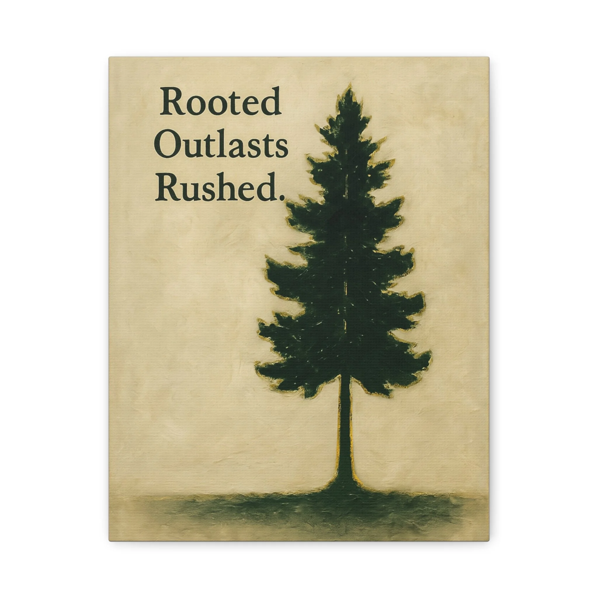 Front view of minimalist canvas wall art with tree and 'Rooted Outlasts Rushed' quote.