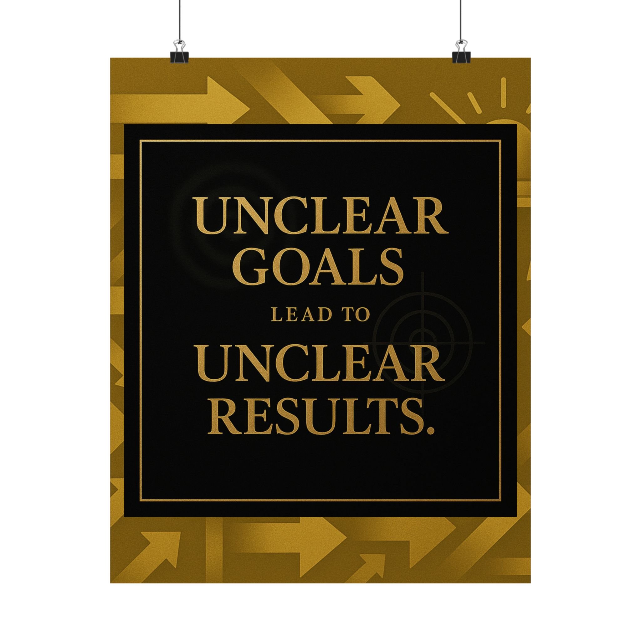 Front view of black-and-gold motivational poster reading “Unclear Goals Lead to Unclear Results.”