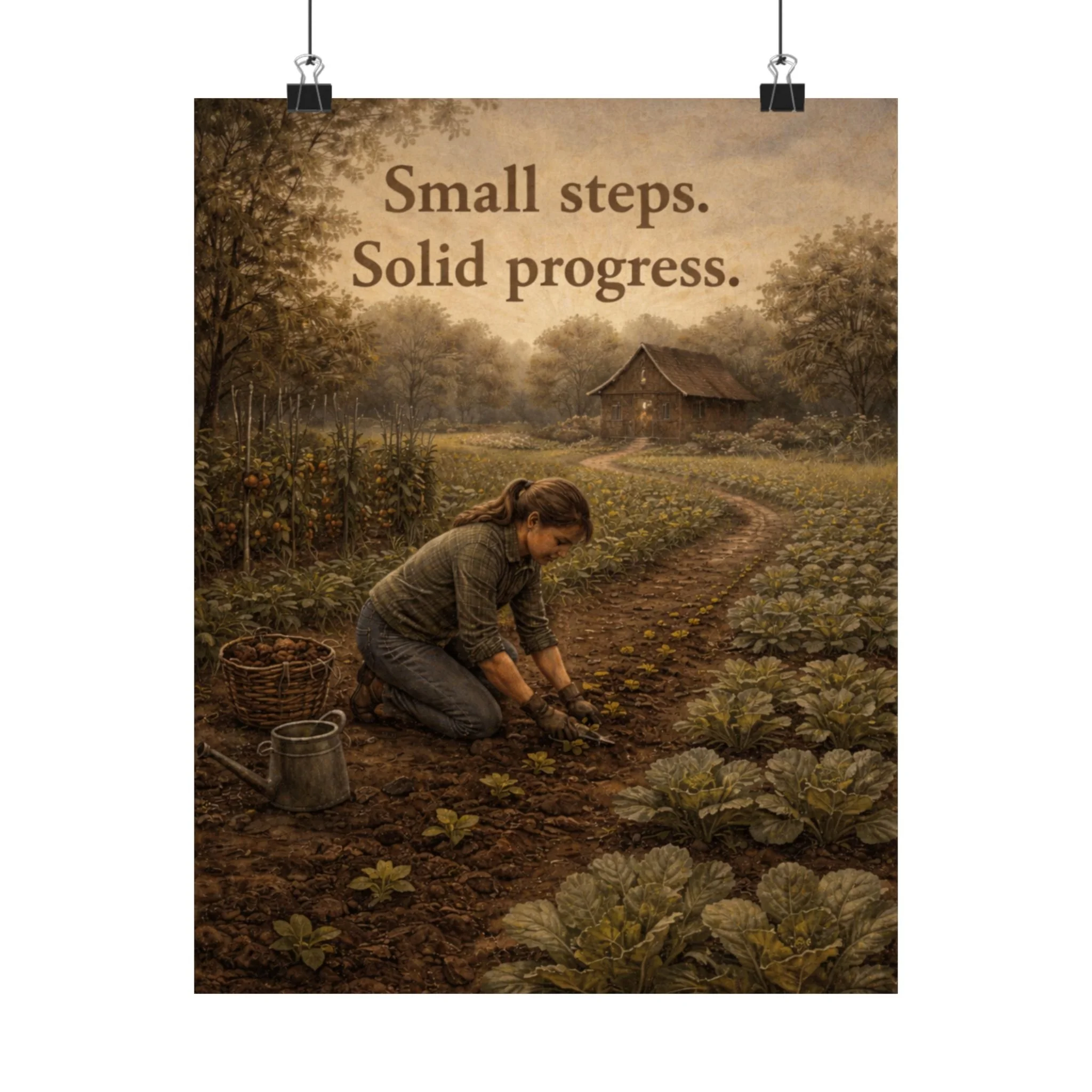 Front view of vintage farm poster showing a gardener tending plants with 'Small steps. Solid progress.' message.
