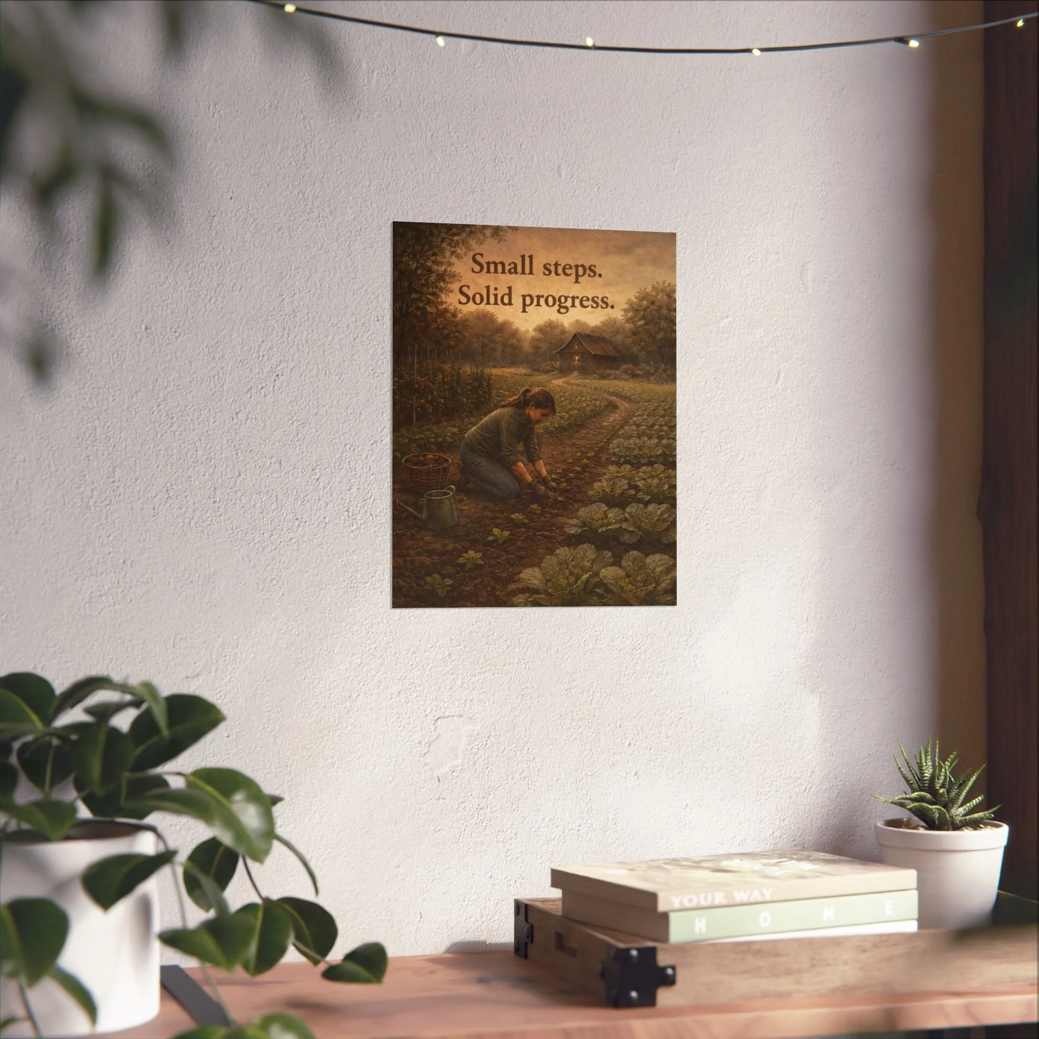 Room mockup featuring vintage farm art print with gardener scene.