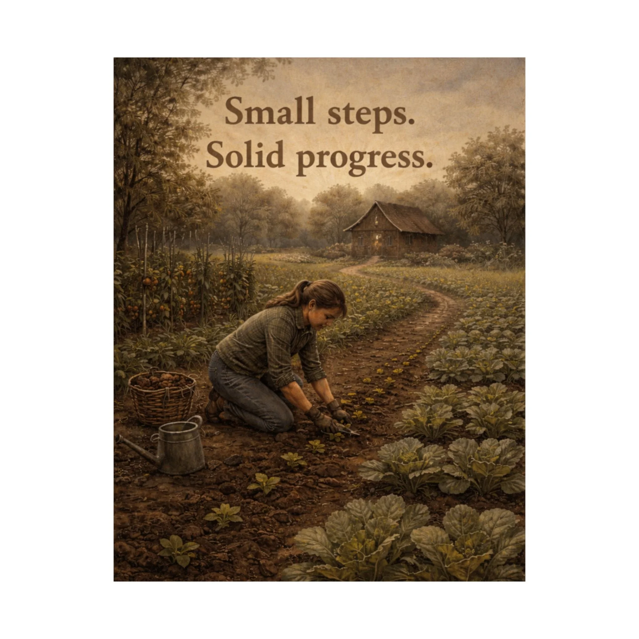 Front view of vintage farm poster showing a gardener tending plants with 'Small steps. Solid progress.' message.