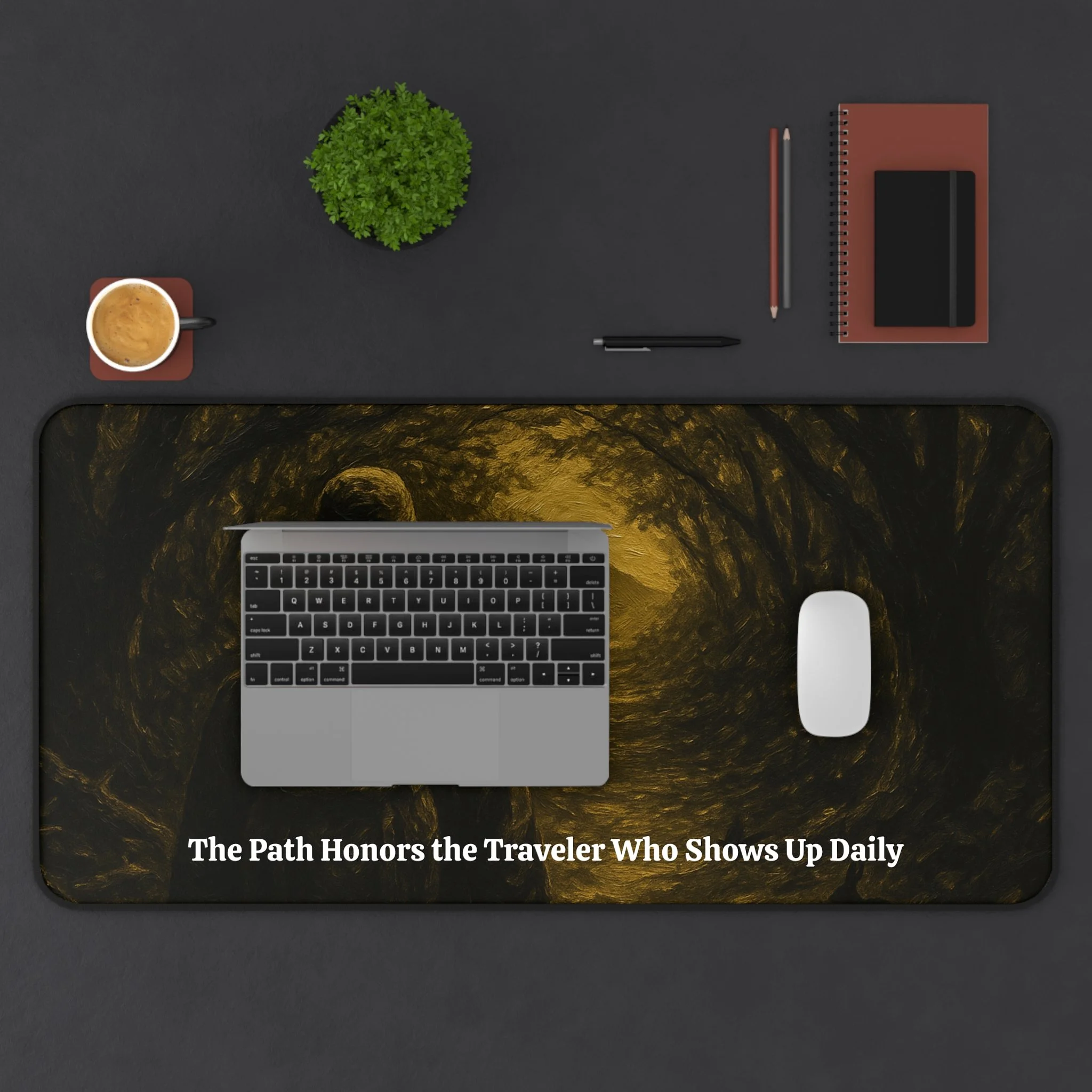 Desk setup mockup featuring Explorer at Dawn desk mat.