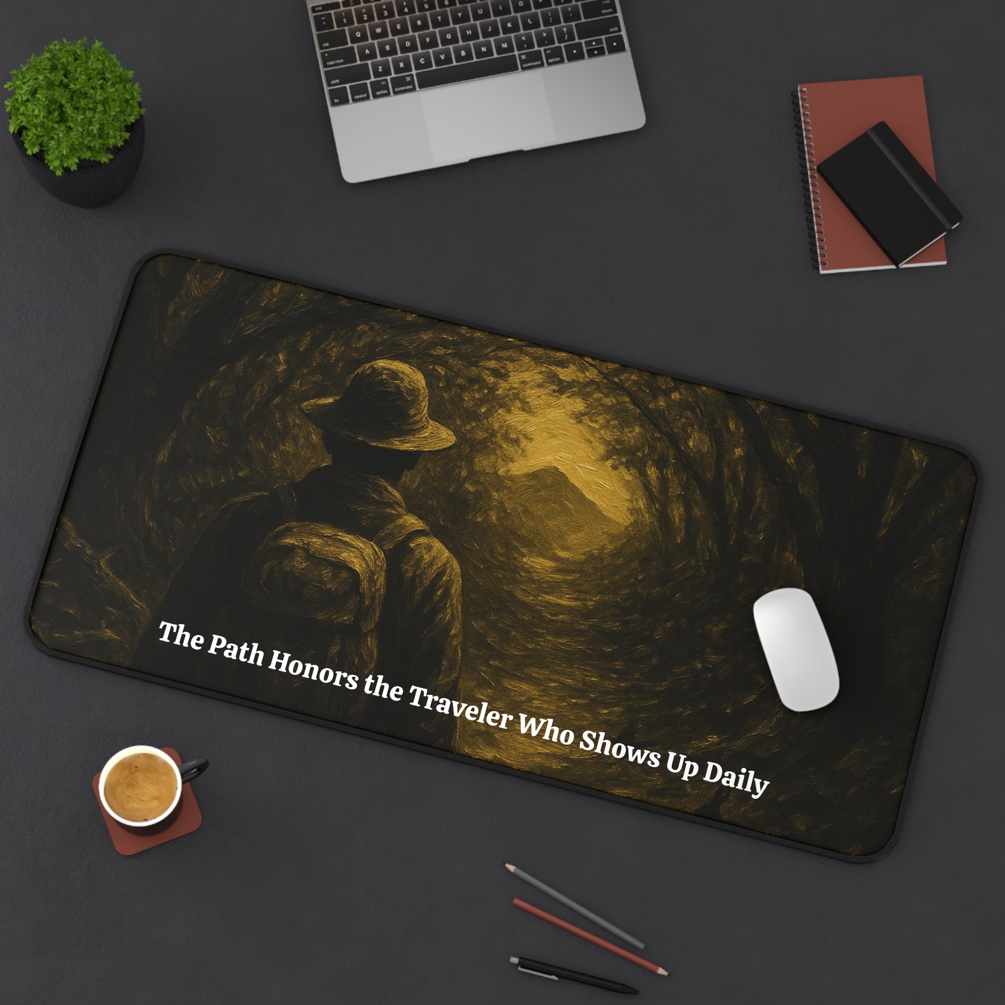 Alternate desk setup view with inspirational forest desk mat.