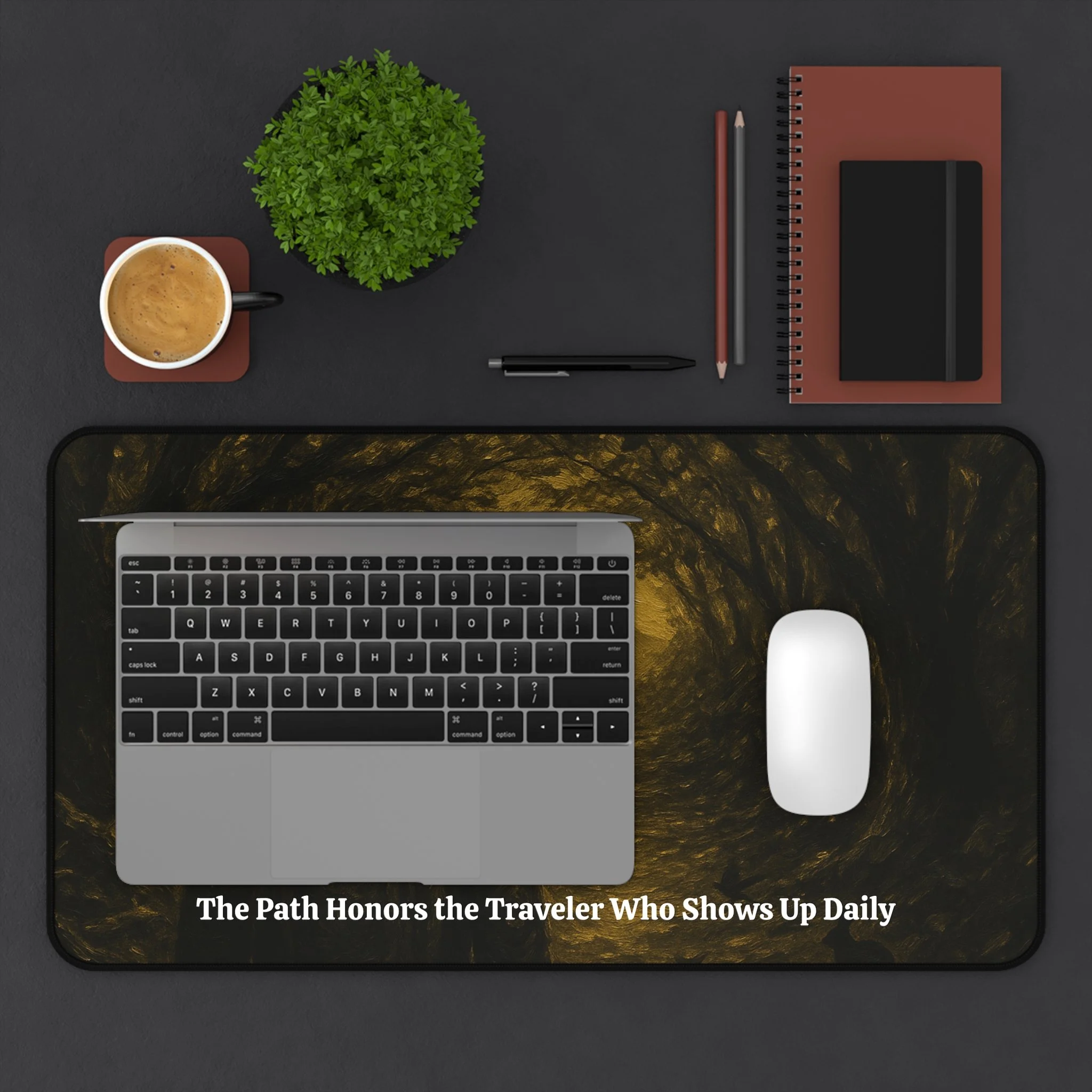 Desk setup mockup featuring Explorer at Dawn desk mat.